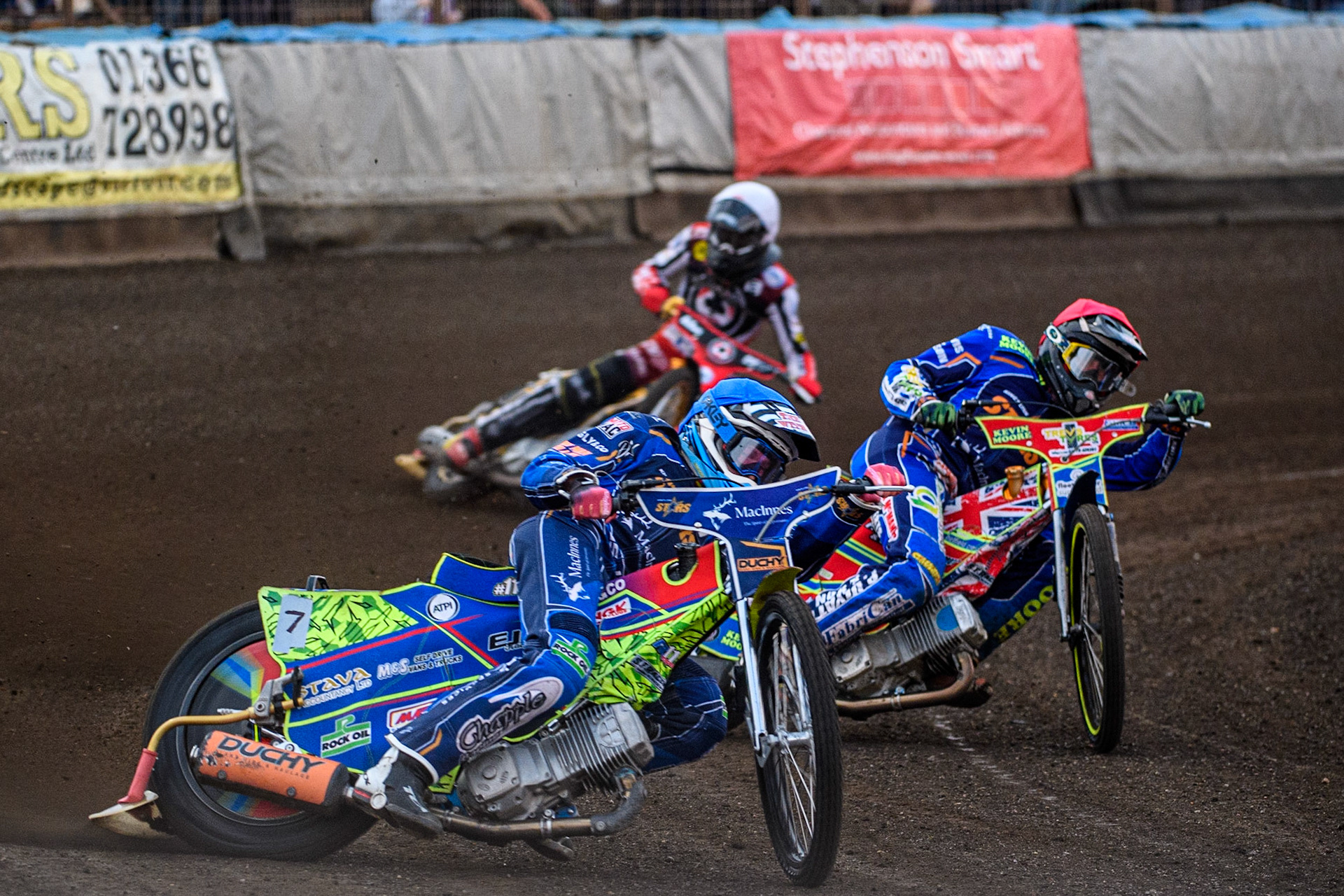 Anders Rowe (Blue) and Simon Lambert  (Red) leads Norick Blodorn  (White) during the Sports Insure Premiership match between King's Lynn Stars and Belle Vue Aces at the Adrian Flux Arena, King's Lynn on Thursday 24th August 2023. (Photo: Ian Charles | MI News)