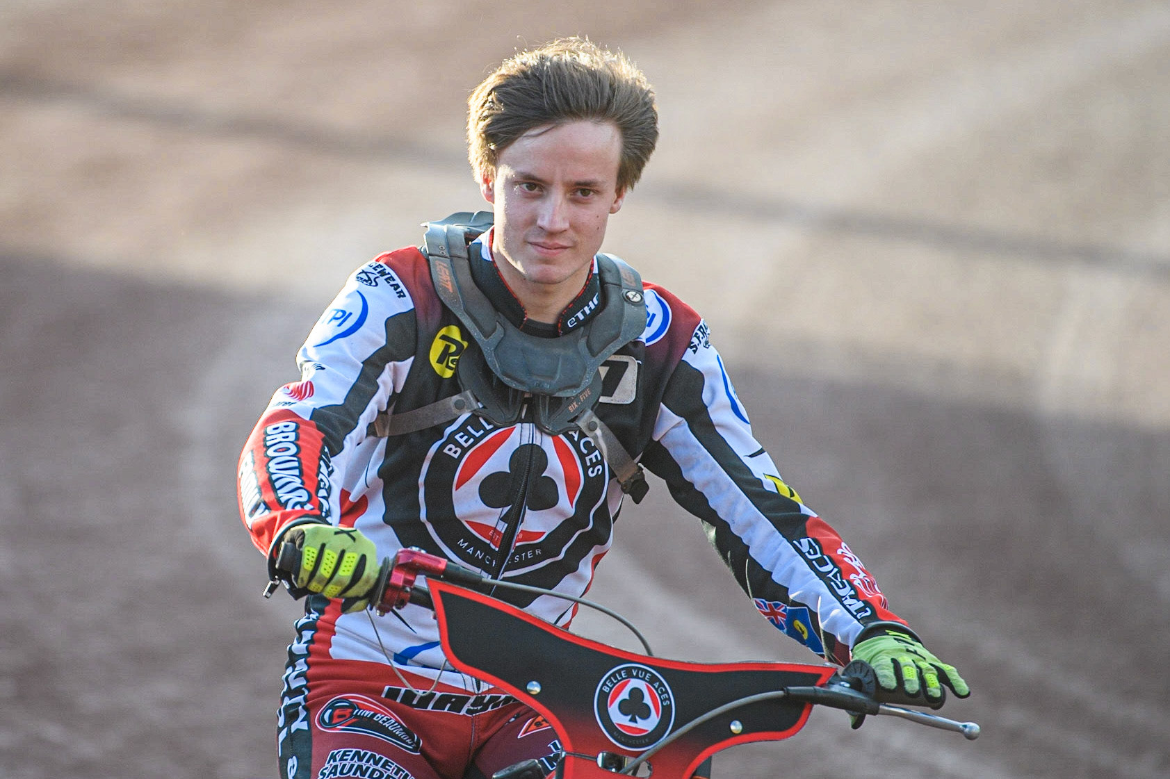 Connor Bailey on the parade lap during the Sports Insure Premiership match between Belle Vue Aces and Ipswich Witches at the National Speedway Stadium, Manchester on Monday 17th July 2023. (Photo: Ian Charles | MI News)