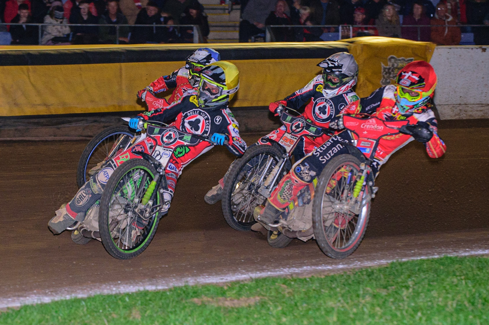 PETERBOROUGH, UK. OCT 14TH Charles Wright  (Yellow) leads Dan Bewley  (White), Michael Palm Toft  (Red) and Chris Harris  (Blue) during the SGB Premiership Grand Final 2nd leg between Peterborough and Belle Vue Aces at East of England Showground, Peterborough on Thursday 14th October 2021. (Credit: Ian Charles | MI News)
