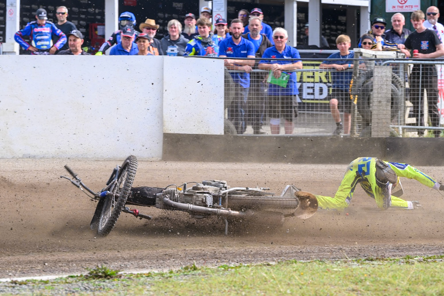 In the re-run of Heat 5, Darryl Ritchings of Oxford Chargers  falls again during the WSRA National Development League match between Buxton Bulls and Oxford Chargers at Hi-Edge Speedway, Buxton on Sunday 2nd August 2026. (Photo: Ian Charles | MI News)