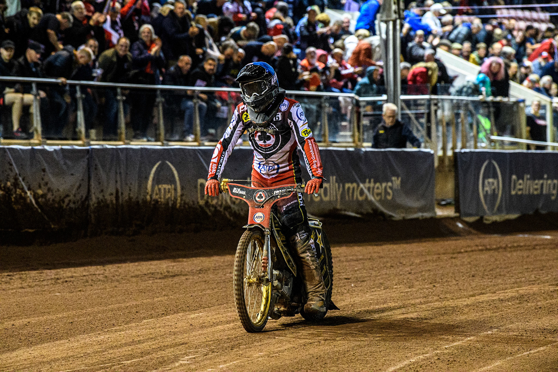 An exhausted Norick Blodorn after his sixth ride of the night during the Sports Insure Premiership Semi Final Playoff 2nd leg match between Belle Vue Aces and Ipswich Witches at the National Speedway Stadium, Manchester on Monday 25th September 2023. (Photo: Ian Charles | MI News)