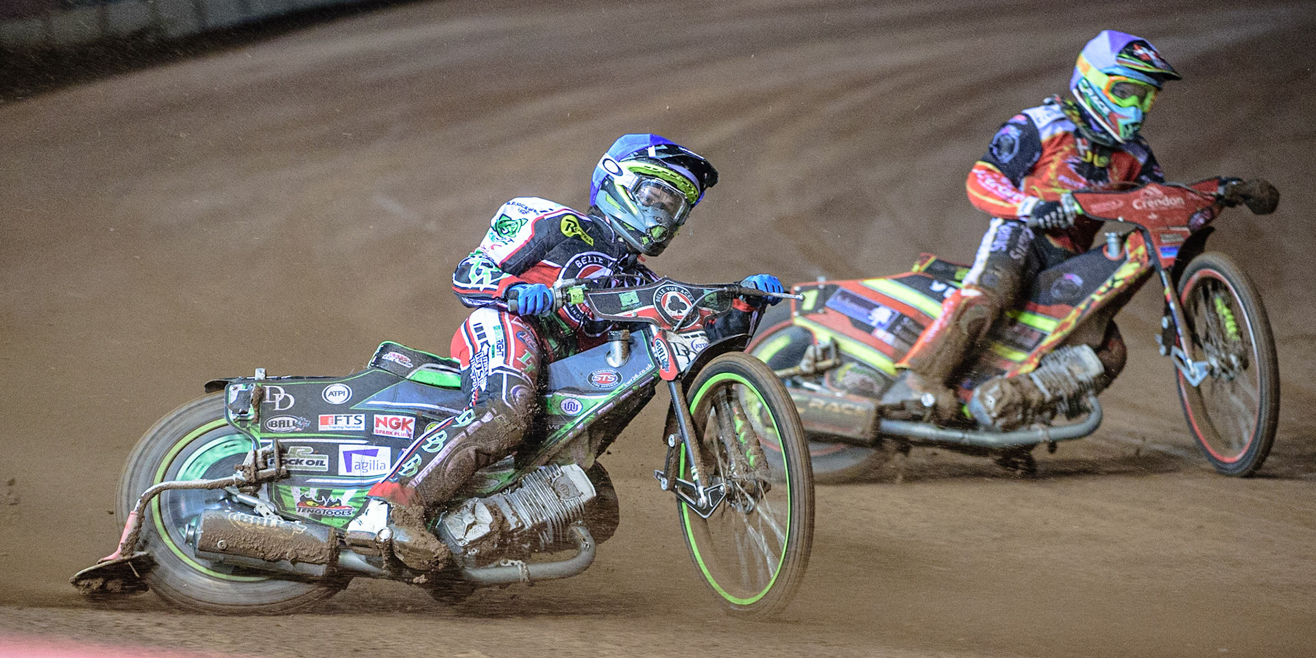 MANCHESTER, UK. OCT 11TH  Charles Wright  (Blue) outside Michael Palm Toft (White) during the SGB Premiership Grand Final 1st Leg between Belle Vue Aces and Peterborough Panthers at the National Speedway Stadium, Manchester on Monday 11th October 2021. (Credit: Ian Charles | MI News)