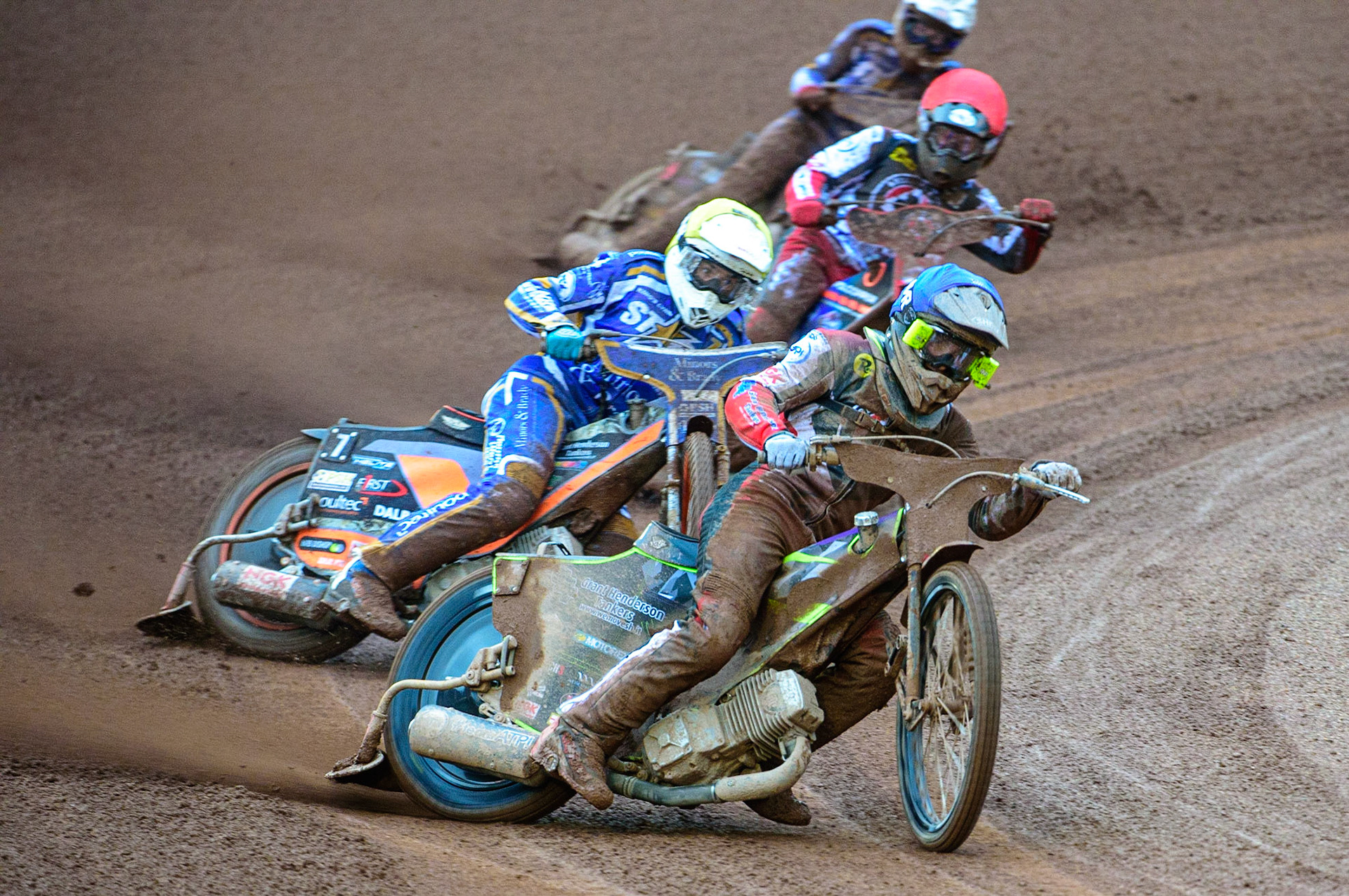 MANCHESTER, UK. MAY 16TH Tom Brennan   (Blue) leads Jack Thomas  (Yellow), Brady Kurtz  (Red) and Josh Pickering  (White) during the SGB Premiership match between Belle Vue Aces and King's Lynn Stars at the National Speedway Stadium, Manchester on Monday 16th May 2022. (Credit: Ian Charles | MI News)