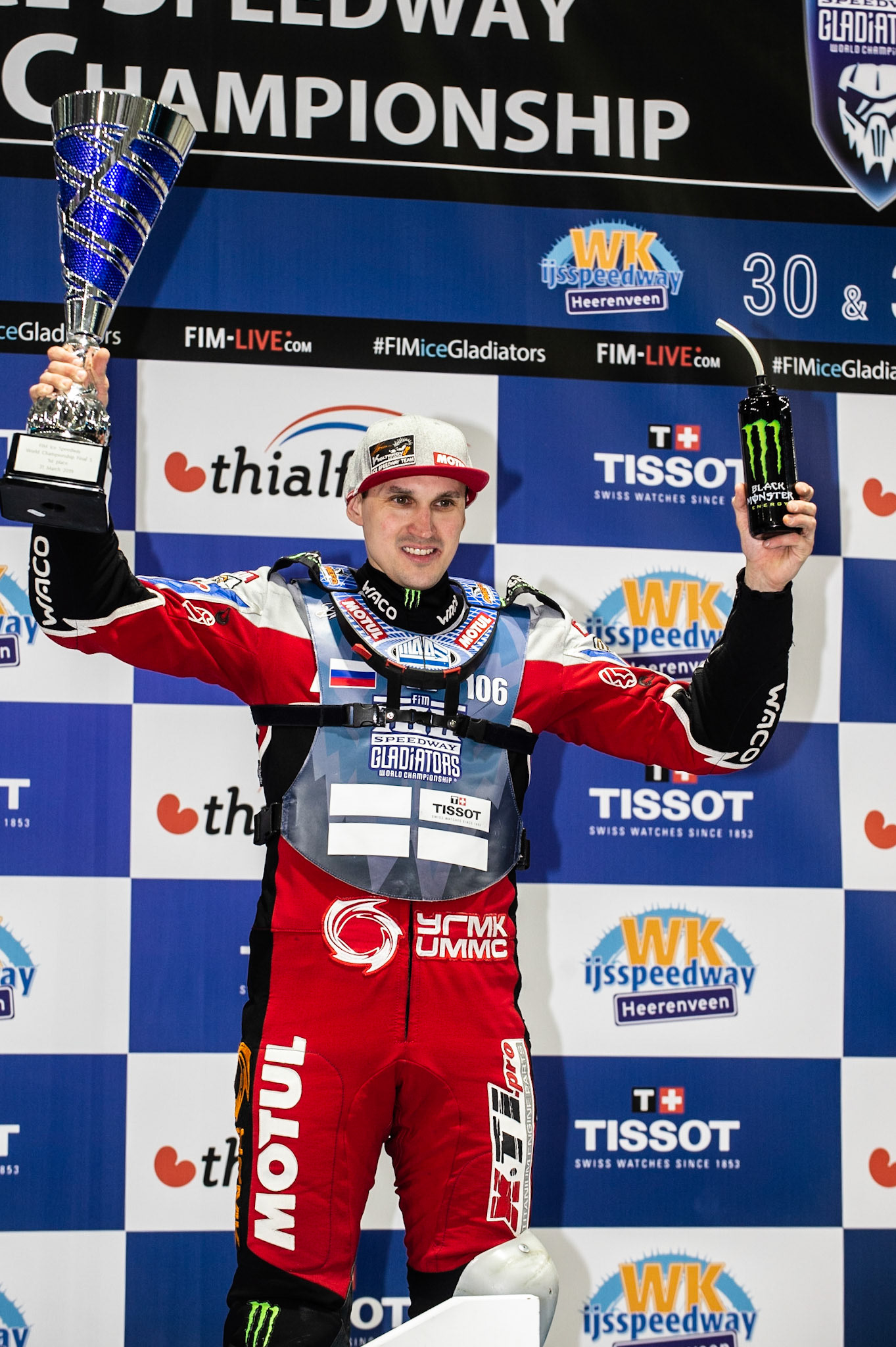 Photo: Ian Charles

Sunday winner Dmitri Koltakov (106)

FIM Ice Speedway Gladiators World Championship, Event 5.2, Ice Rink Thialf, Heerenveen, Netherlands Sunday  31  March  2019