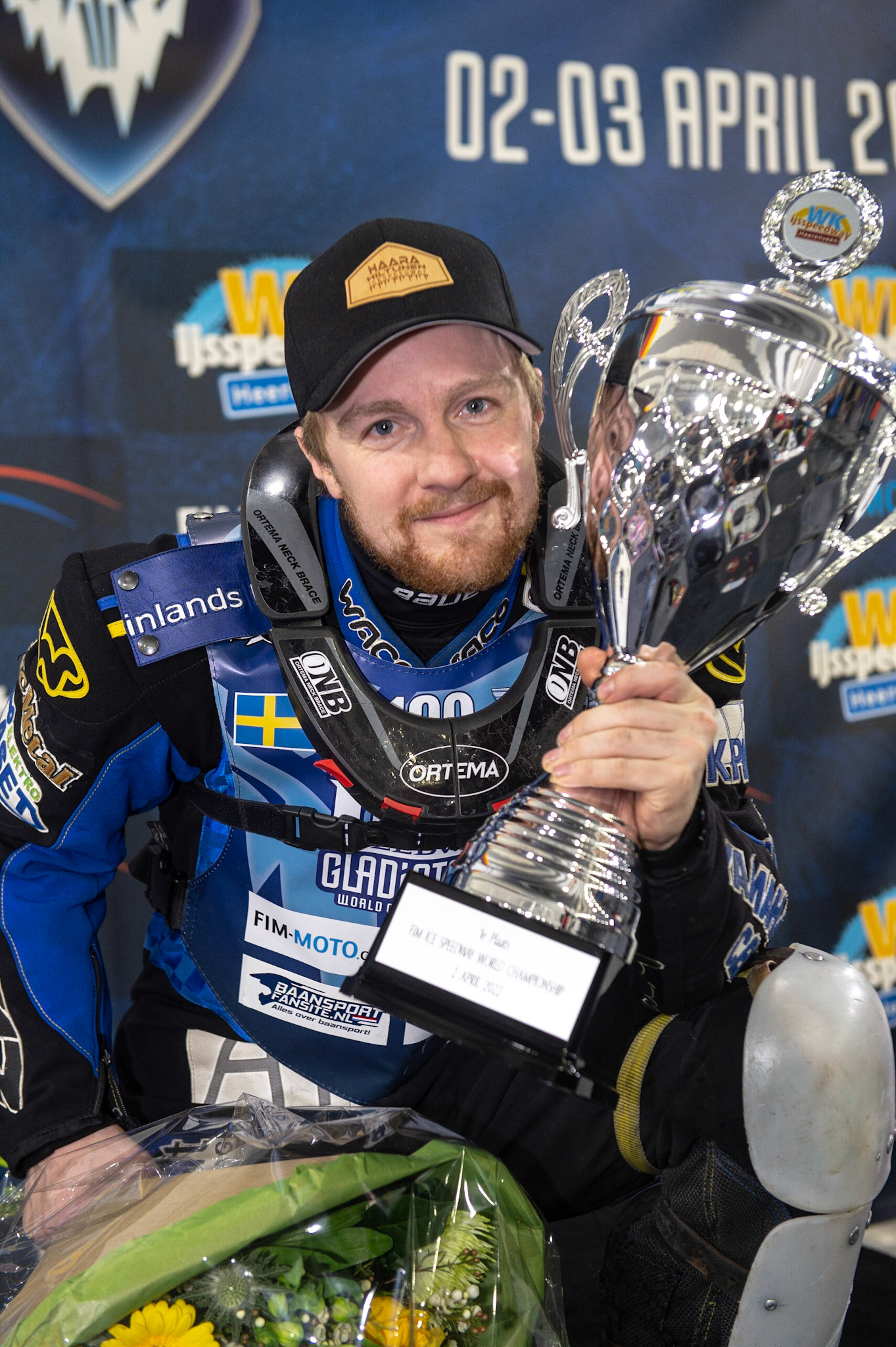 HEERENVEEN, NL.Martin Hååruhiltunen (199)  with his Final 3 Winners trophy during the FIM Ice Speedway Gladiators World Championship Final 3 at Ice Rink Thialf, Heerenveen on Saturday  2 April 2022. (Credit: Ian Charles | MI News)