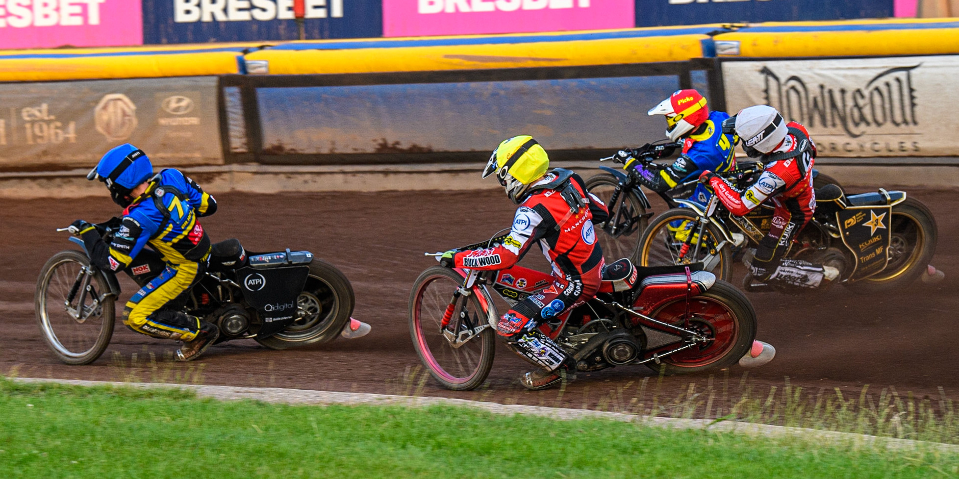 Dan Gilkes (Blue) leads Josh Pickering (Red) Connor Bailey (Yellow) and Norick Blodorn (White) during the Sports Insure Premiership match between Sheffield Tigers and Belle Vue Aces at Owlerton Stadium, Sheffield on Thursday 20th July 2023. (Photo: Ian Charles | MI News)