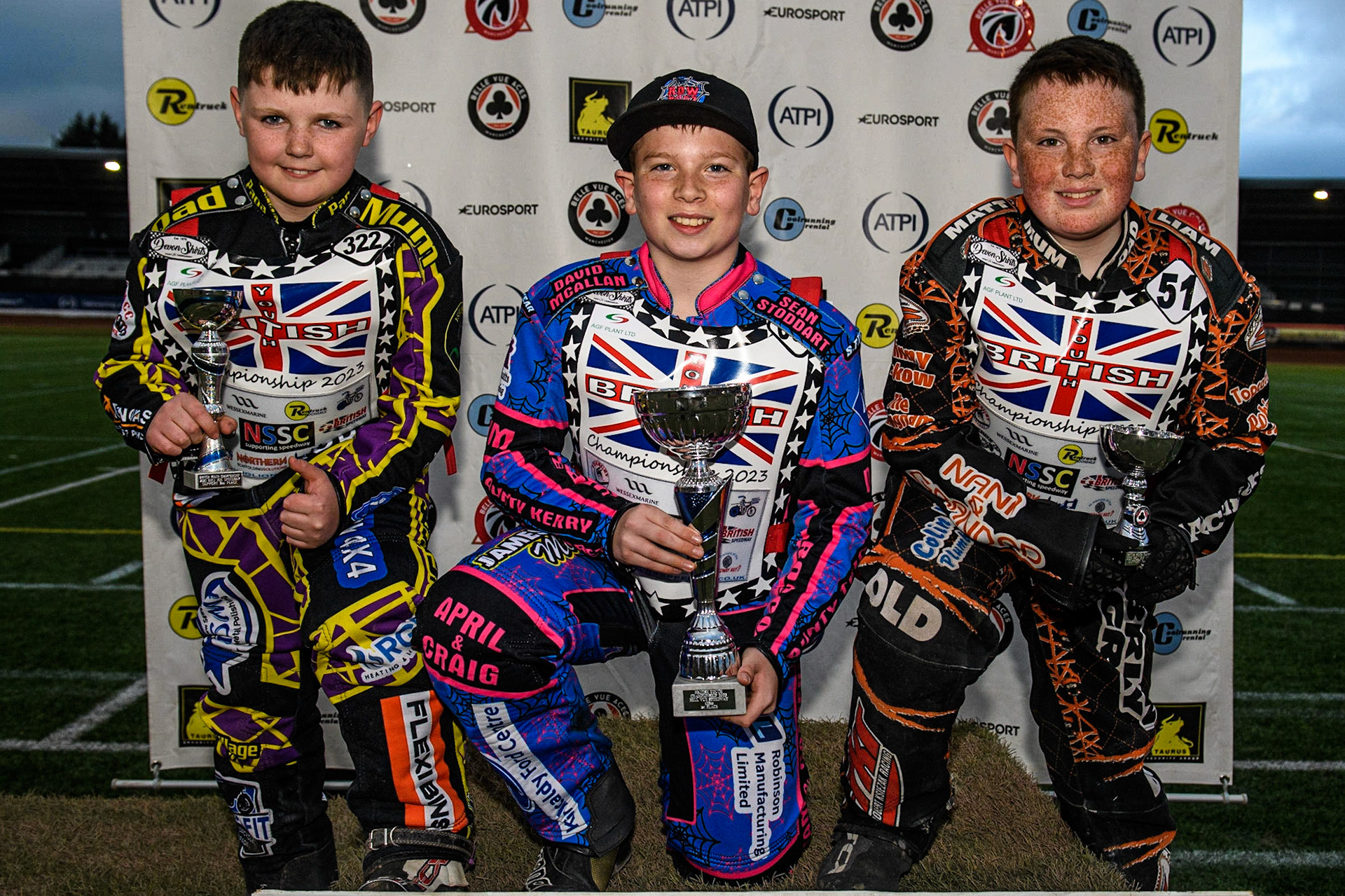 Support Class Top 3: (l - r) Lewis Hague (2nd), Rocco Webb (1st) Liam Morris  (3rd) during the British Youth Championships at the National Speedway Stadium, Manchester on Friday 12th May 2023. (Photo: Ian Charles | MI News)