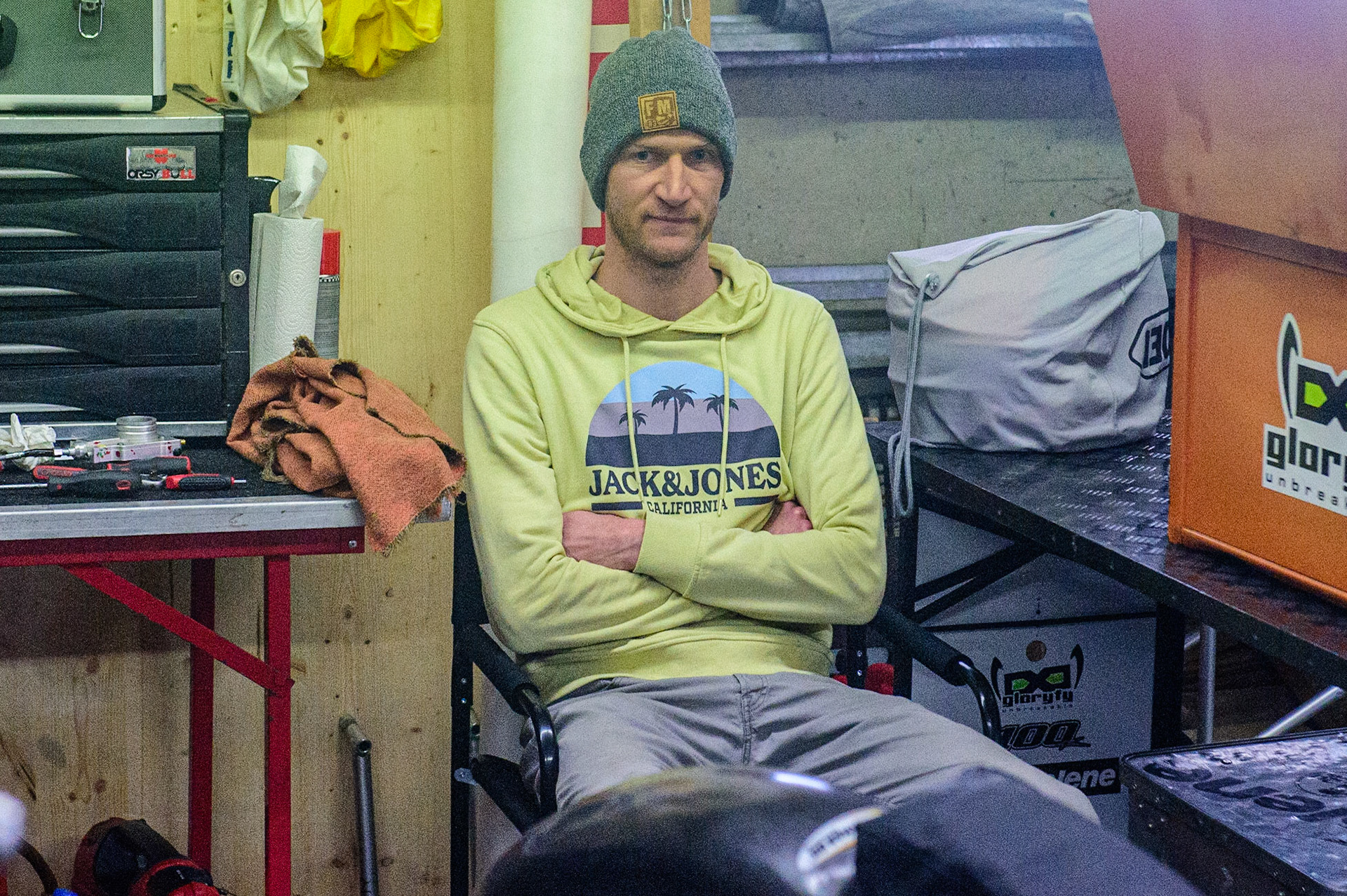 Franz Mayerbüchler in the pits before the meeting during the Ice Speedway Gladiators World Championship Final 2 at Max-Aicher-Arena, Inzell, Germany on Sunday 19th March 2023. (Photo: Ian Charles | MI News)