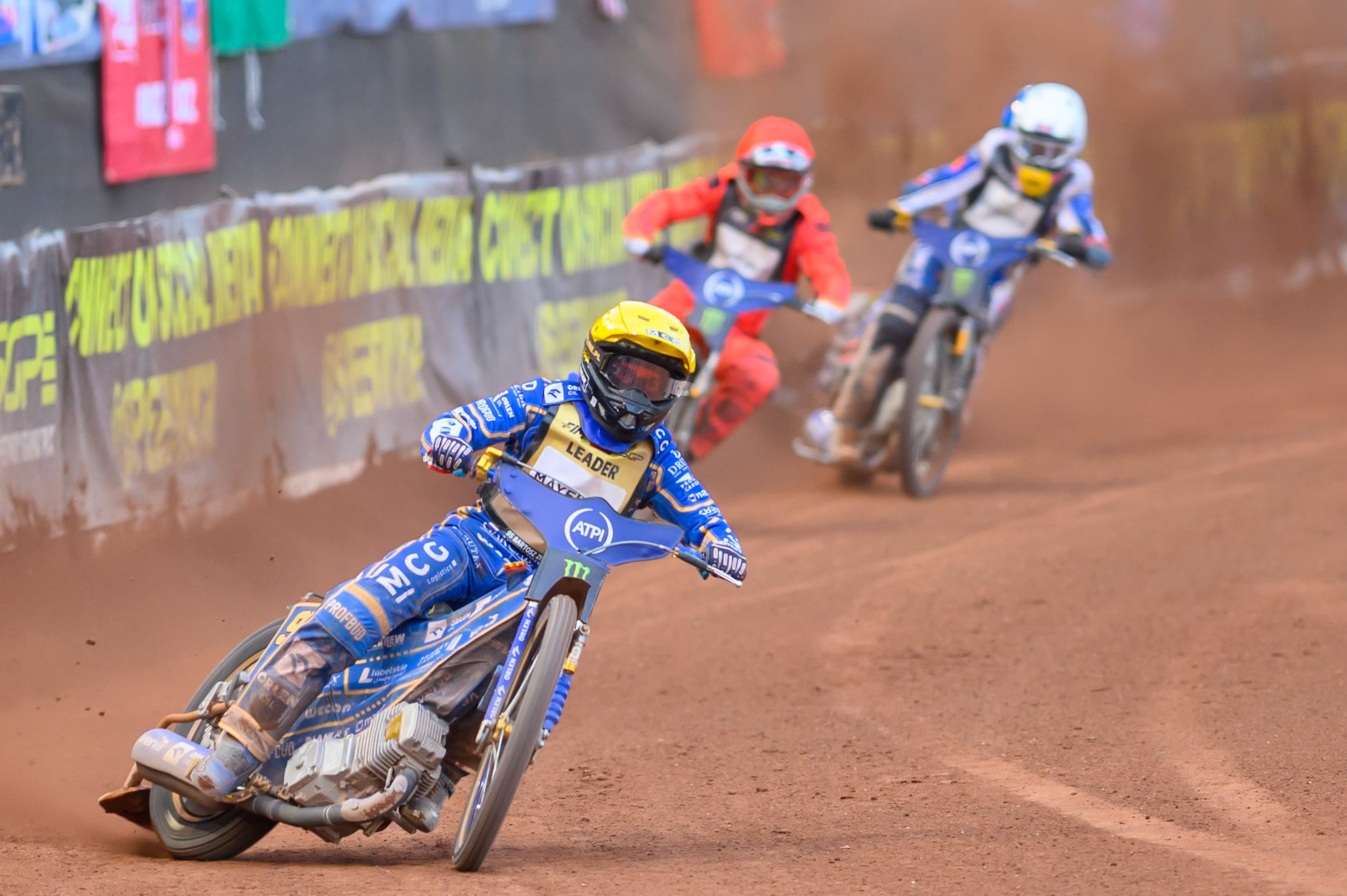 Bartosz Zmarzlik (95) of Poland in Yellow leading Jan Kvech (201) of Czech Republic in Red and Robert Lambert (505) of Great Britain in White during the ATPI  FIM Speedway GP of Manchester at the National Speedway Stadium, Manchester on Friday 5th June 2026. (Photo: Ian Charles | MI News)