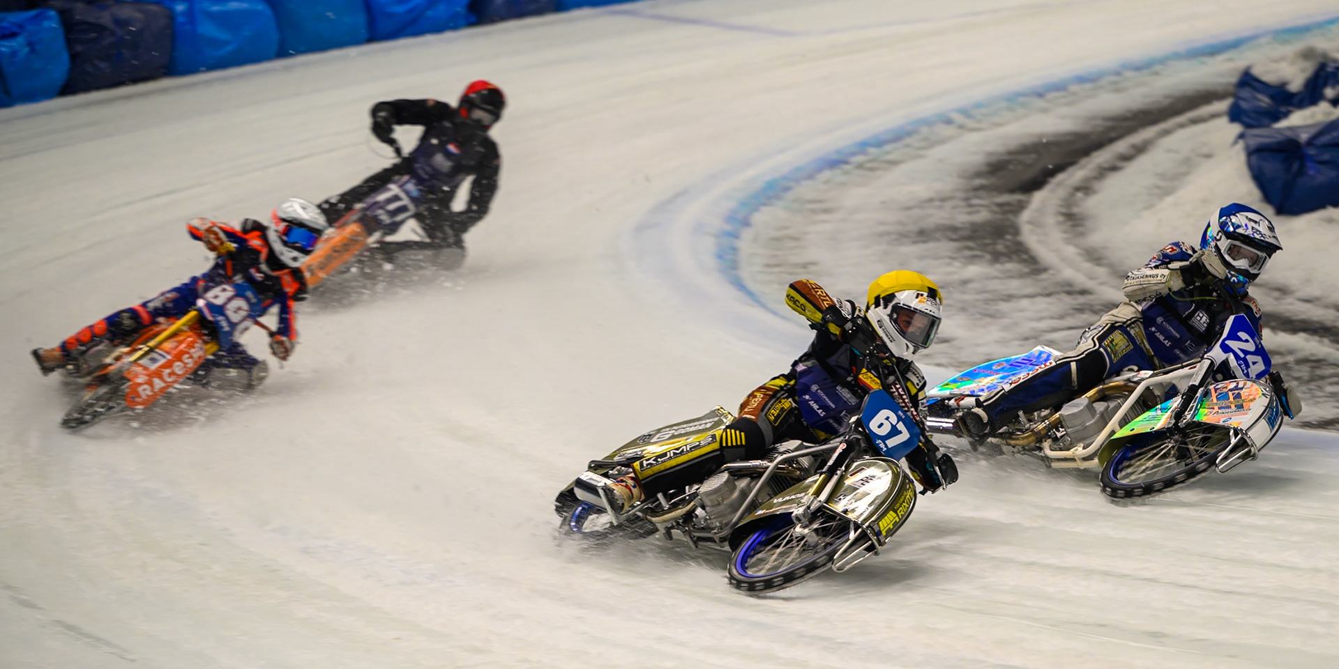 Max Koivula (24) of Finland in Blue rides inside Heikki Huusko (67) of Finland  in Yellow with Jasper Iwema (800) of The Netherlands  in White and Leon Kramer (777) of The Netherlands  in Red behind during the Ice Speedway Gladiators World Championship Final 1 at Max-Aicher-Arena, Inzell on Saturday 14th March 2026. (Photo: Ian Charles | MI News)