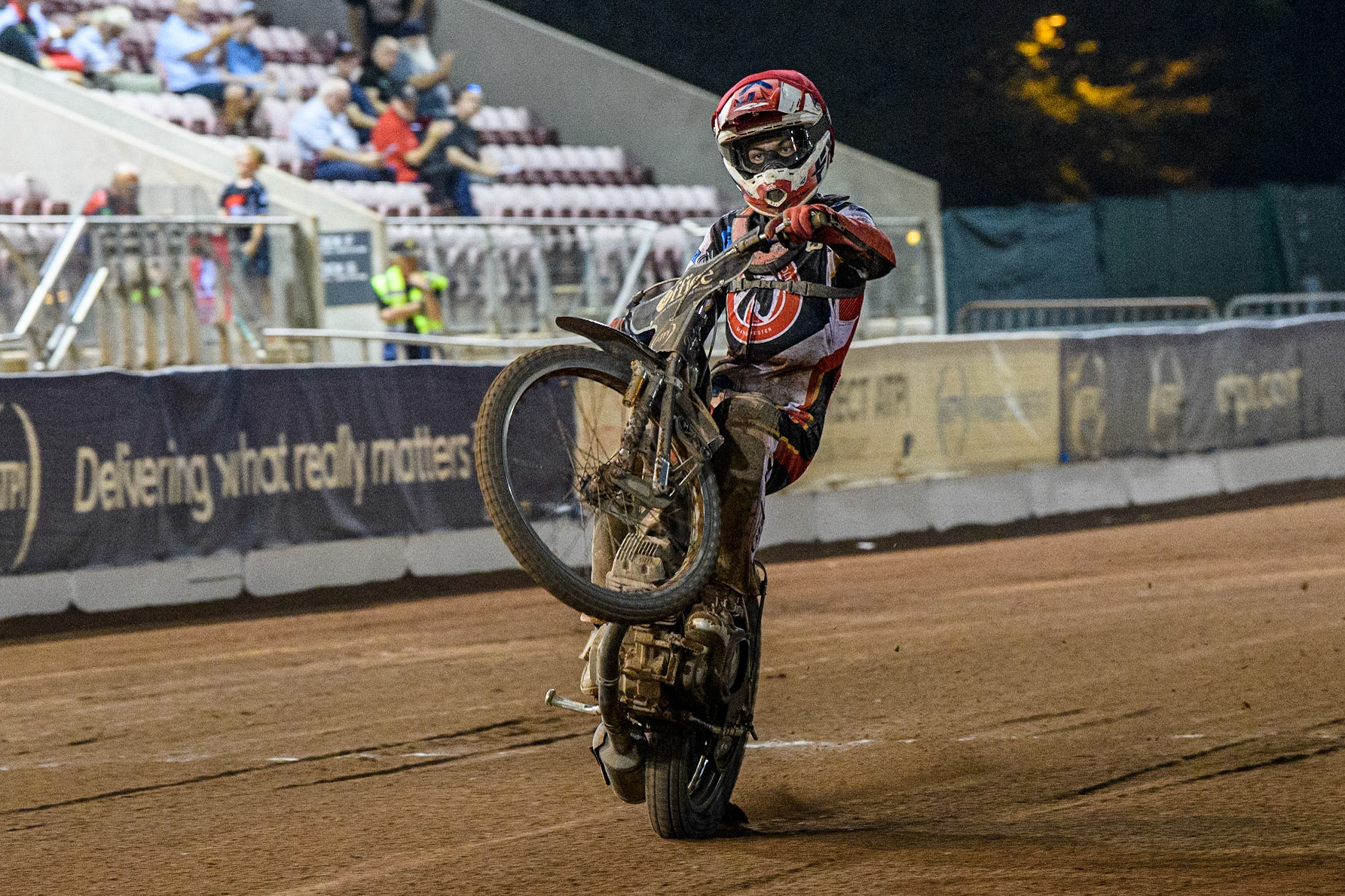 Freddy Hodder does a wheelie during the National Development League match between Belle Vue Colts and Leicester Lion Cubs at the National Speedway Stadium, Manchester on Friday 8th September 2023. (Photo: Ian Charles | MI News)
