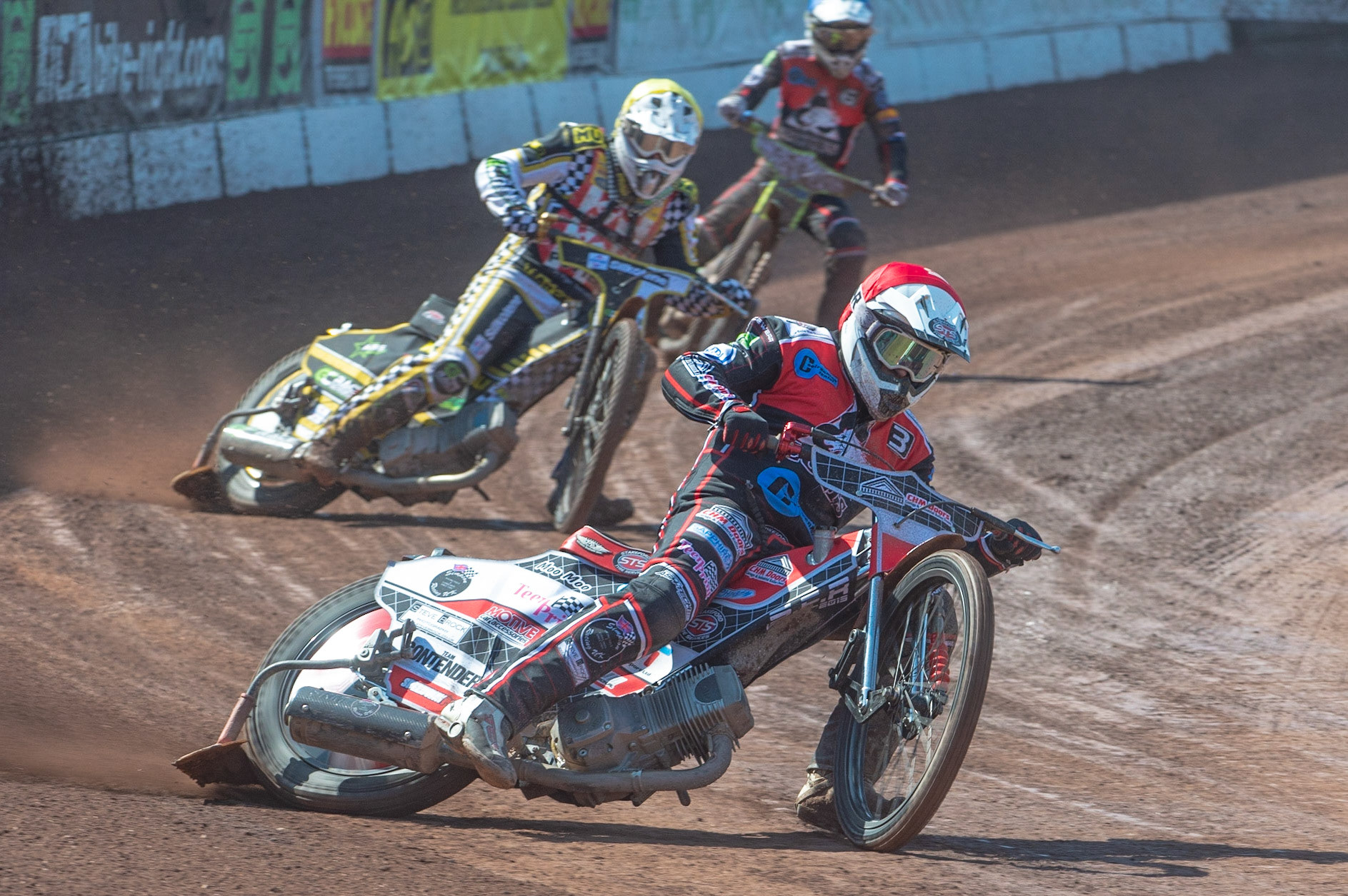 Photo: Ian Charles

Danny Phillips (Red) leads Shelby Rutherford  (Yellow) and Ben Rathbone (Blue)

Belle Vue Colts v Stoke Potters, National League, Belle Vue National Speedway Stadium, Manchester, Friday 19  April  2019