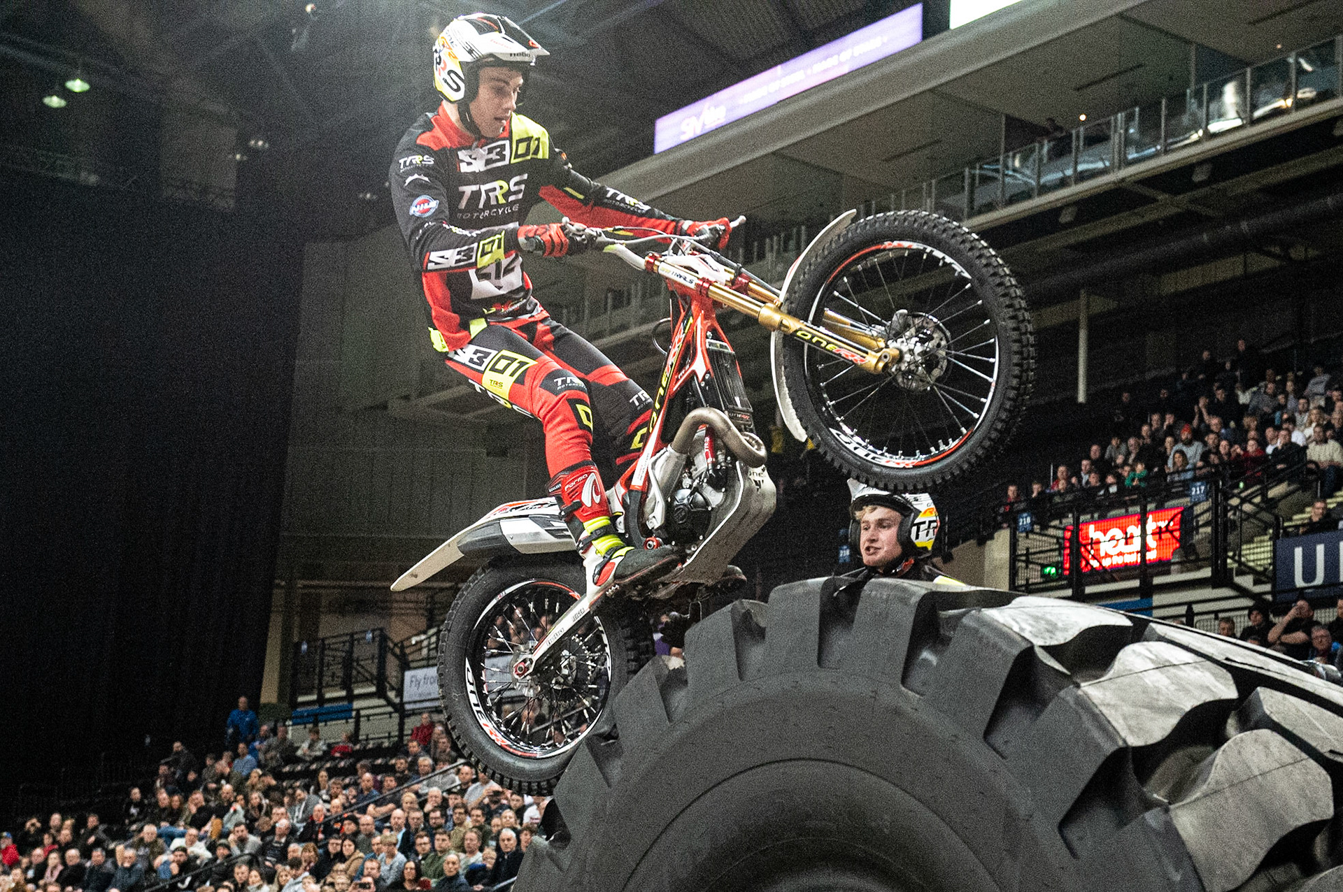 SHEFFIELD, ENGLAND  - DECEMBER 28TH  Toby Martyn, UK (Beta) on top of the tyres on Section 5  during the 25th Anniversary Sheffield Indoor Trial at the FlyDSA Arena, Sheffield on Saturday 28th December 2019. (Credit: Ian Charles | MI News)