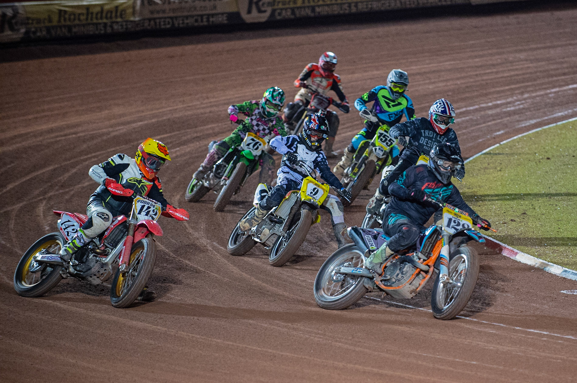 MANCHESTER, ENGLAND American style Flat Track racing demonstration race during the  ACU Sidecar Speedway Manchester Masters,  Belle Vue National Speedway Stadium, Manchester Saturday 12 October 2019 (Credit: Ian Charles | MI News)