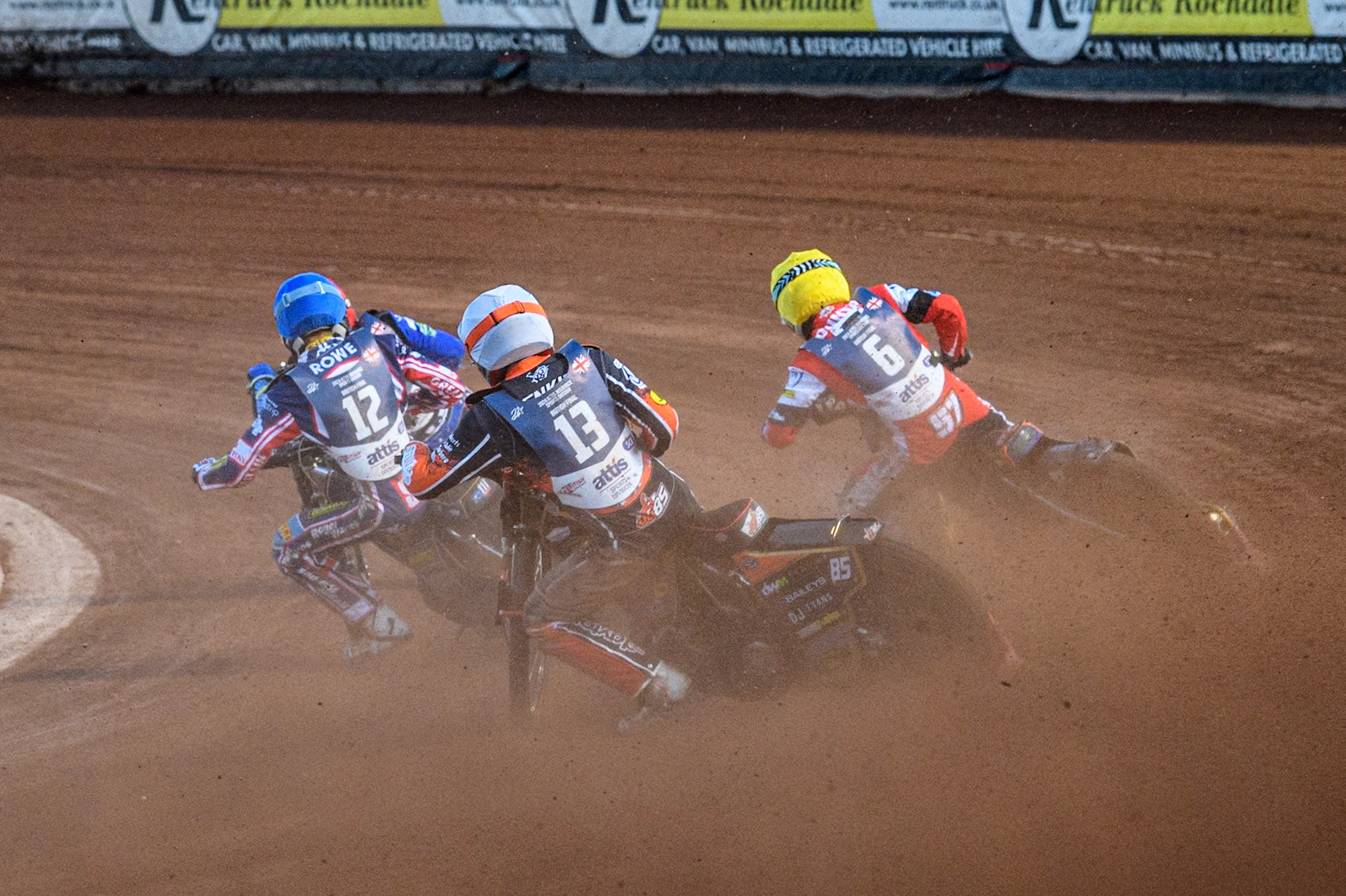 Jordan Jenkins in White chases Connor Mountain in Yellow and Anders Rowe in Blue during the Attis Insurance Sports Division British Speedway Championship Final at the National Speedway Stadium, Manchester on Saturday 8th June 2024. (Photo: Ian Charles | MI News)