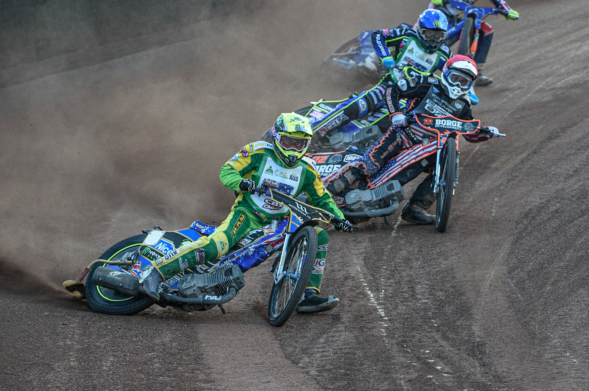 GLASGOW, UK. JUNE 19TH.  Chris Holder (Australia) (Yellow) leads Luke Becker (USA) (Red) and Jaimon Lidsey (Australia) (Blue) during the FIM Speedway Grand Prix Qualifying Round at the Peugeot Ashfield Stadium, Glasgow on Saturday 19th June 2021. (Credit: Ian Charles | MI News)