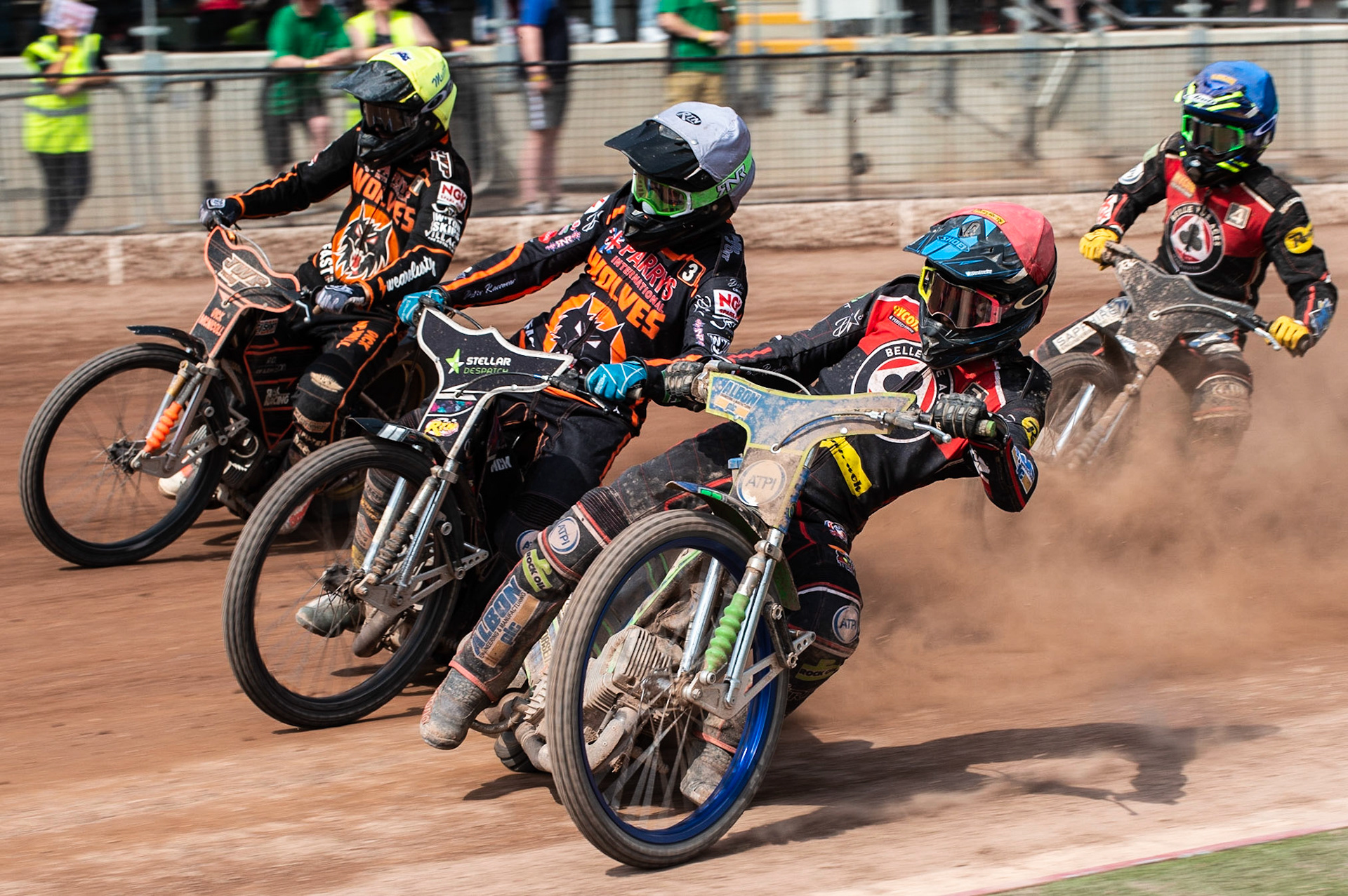 Photo by Ian Charles:

Dan Bewley  (Red) leads Scott Nicholls  (White) and Sam Masters  (Yellow) with Ricky Wells  (Blue) behind 

Belle Vue Aces v Wolverhampton Wolves, National Speedway Stadium, Manchester, Monday, 22, April, 2019