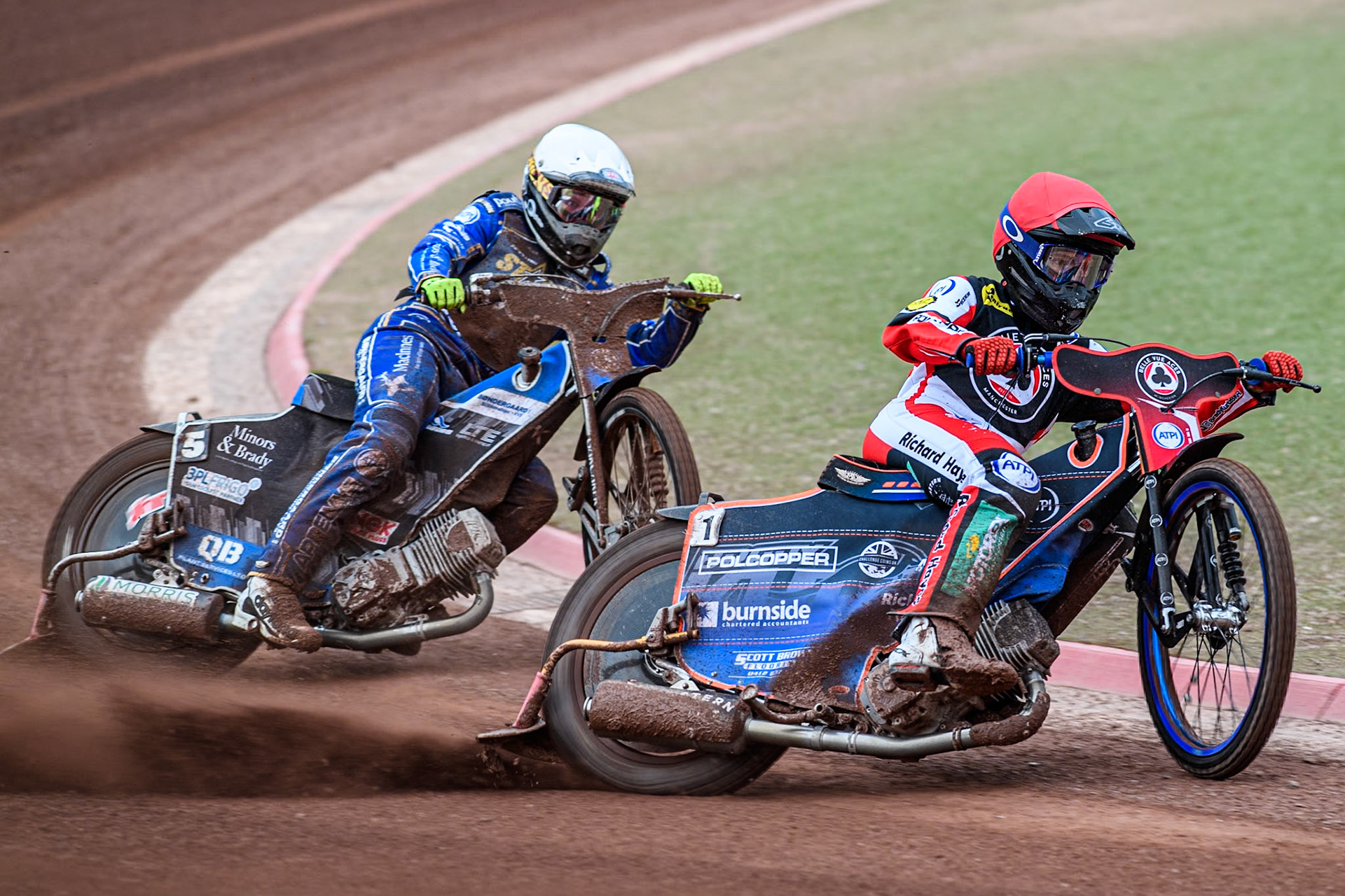 Belle Vue Aces' Brady Kurtz in Red leading King Lynn Stars' Nicolai Klindt in White during the Rowe Motor Oil Premiership match between Belle Vue Aces and King's Lynn Stars at the National Speedway Stadium, Manchester on Monday 20th May 2024. (Photo: Ian Charles | MI News)