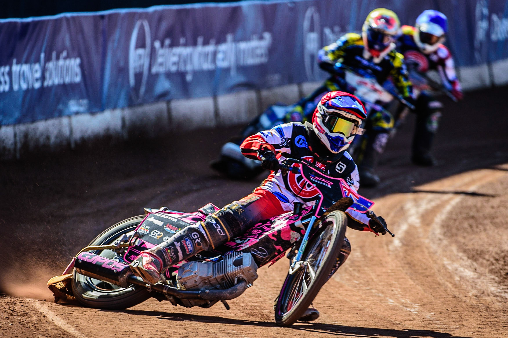 James Pearson   (Red) leads Danny Phillips  (Yellow) and Paul Bowen   (Blue)during the National Development League match between Belle Vue Colts and Berwick Bullets at the National Speedway Stadium, Manchester on Friday 7th April 2023. (Photo: Ian Charles | MI News)