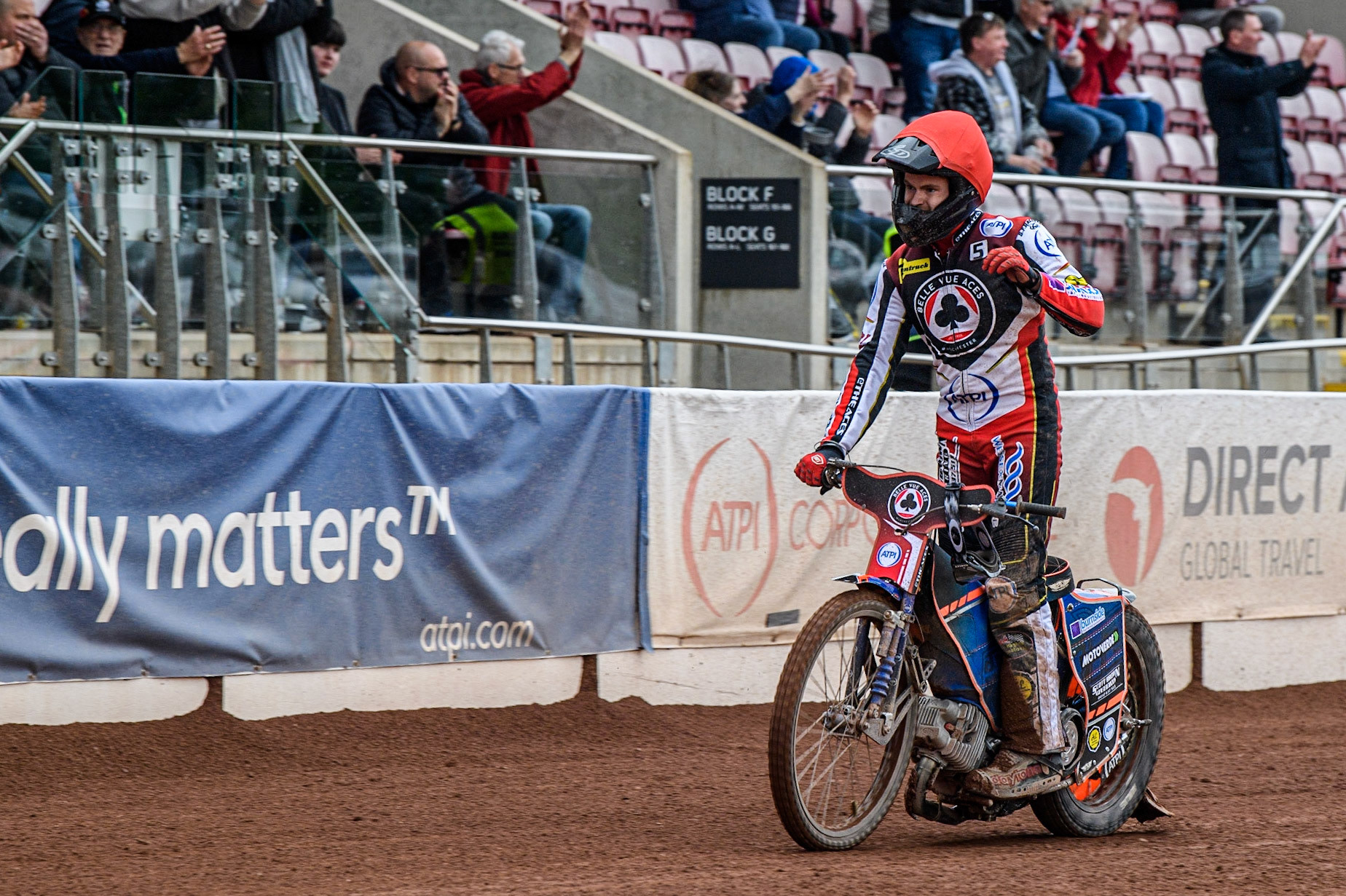Dan Bewley  acknowledges the fans after the heat win during the SGB Premiership match between Belle Vue Aces and Leicester Lions at the National Speedway Stadium, Manchester on Monday 1st May 2023. (Photo: Ian Charles | MI News)