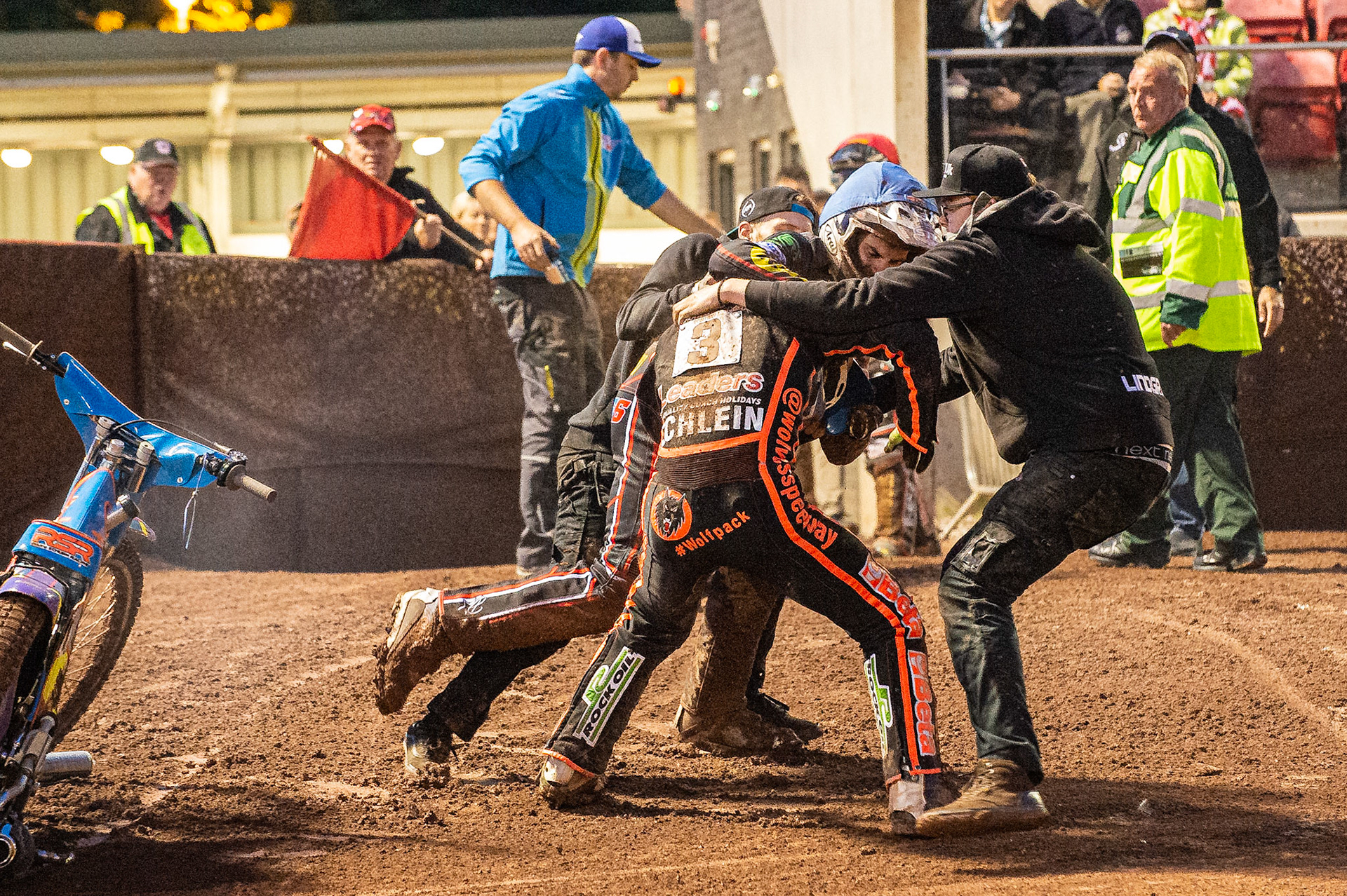 Photo by Ian Charles:

A scuffle breaks out between Rory Schlein  and Steve Worrall  after heat 10 

Belle Vue Aces v Wolverhampton Wolves, SGB Premiership, National Speedway Stadium, Manchester, Monday, 19, August, 2019