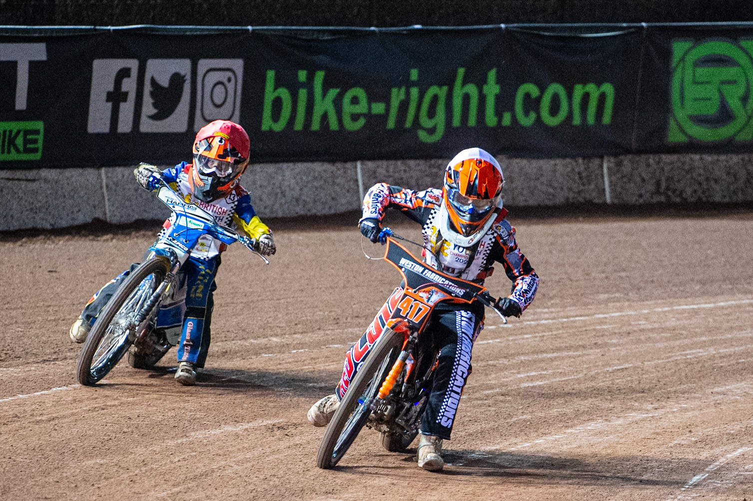Photo: Ian CharlesBecky Weston (White) inside Harry Fletcher (Red) (125cc B Class)British Youth Speedway Championship (Round 5), National Speedway Stadium, Manchester Saturday  10  October  2020