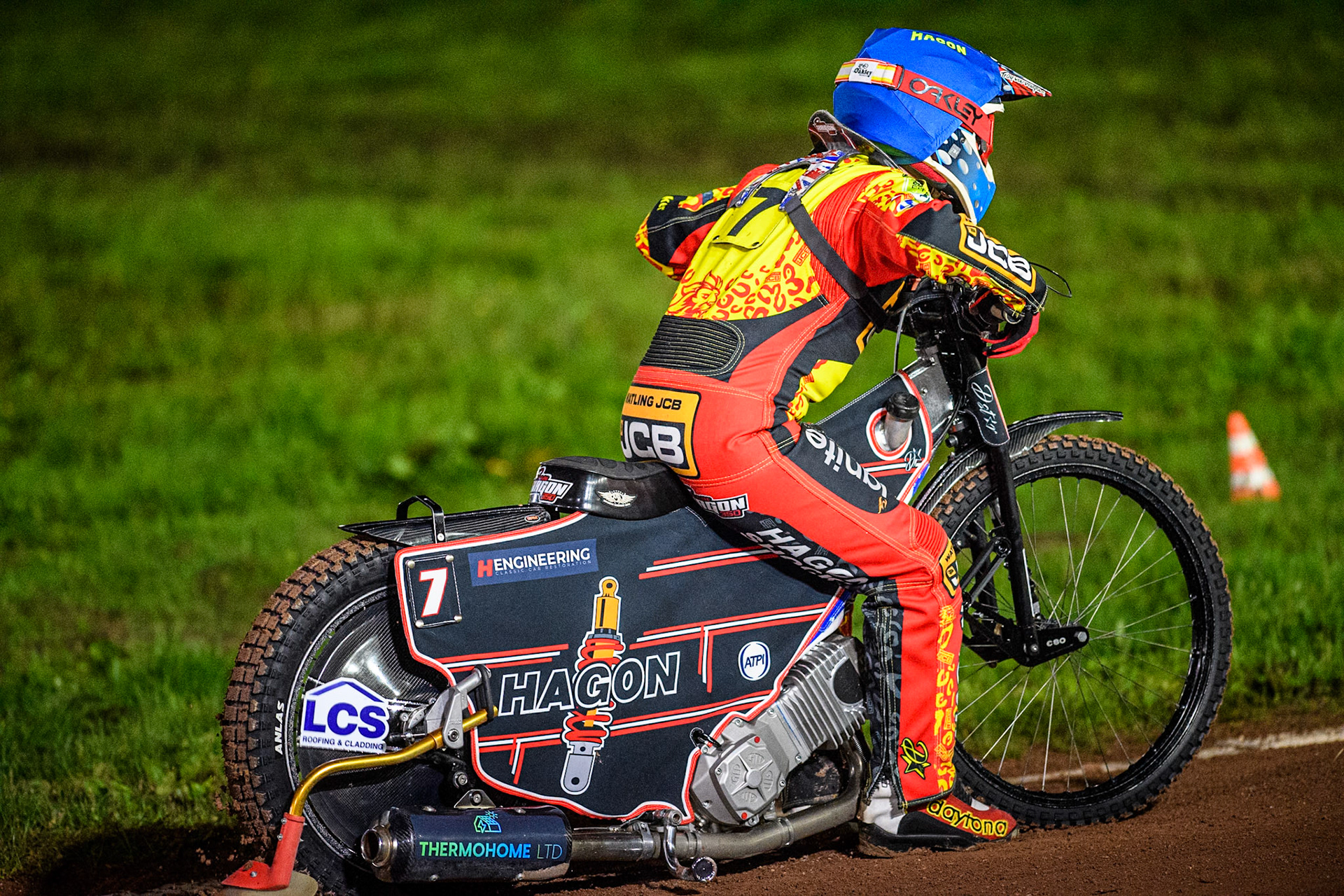 Leicester Lions' Sam Hagon does a practice start during the Rowe Motor Oil Premiership Grand Final 2nd Leg between Leicester Lions and Belle Vue Aces at the Pidcock Motorcycles Arena, Leicester on Thursday 26th September 2024. (Photo: Ian Charles | MI News)