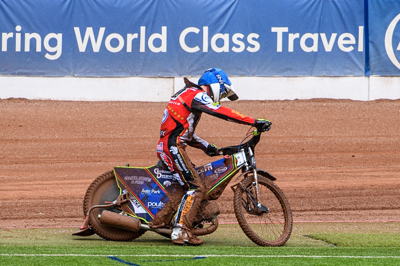 Jake Mulford  pulls up with mechanical problems during the SGB Premiership match between Belle Vue Aces and Leicester Lions at the National Speedway Stadium, Manchester on Monday 1st May 2023. (Photo: Ian Charles | MI News)