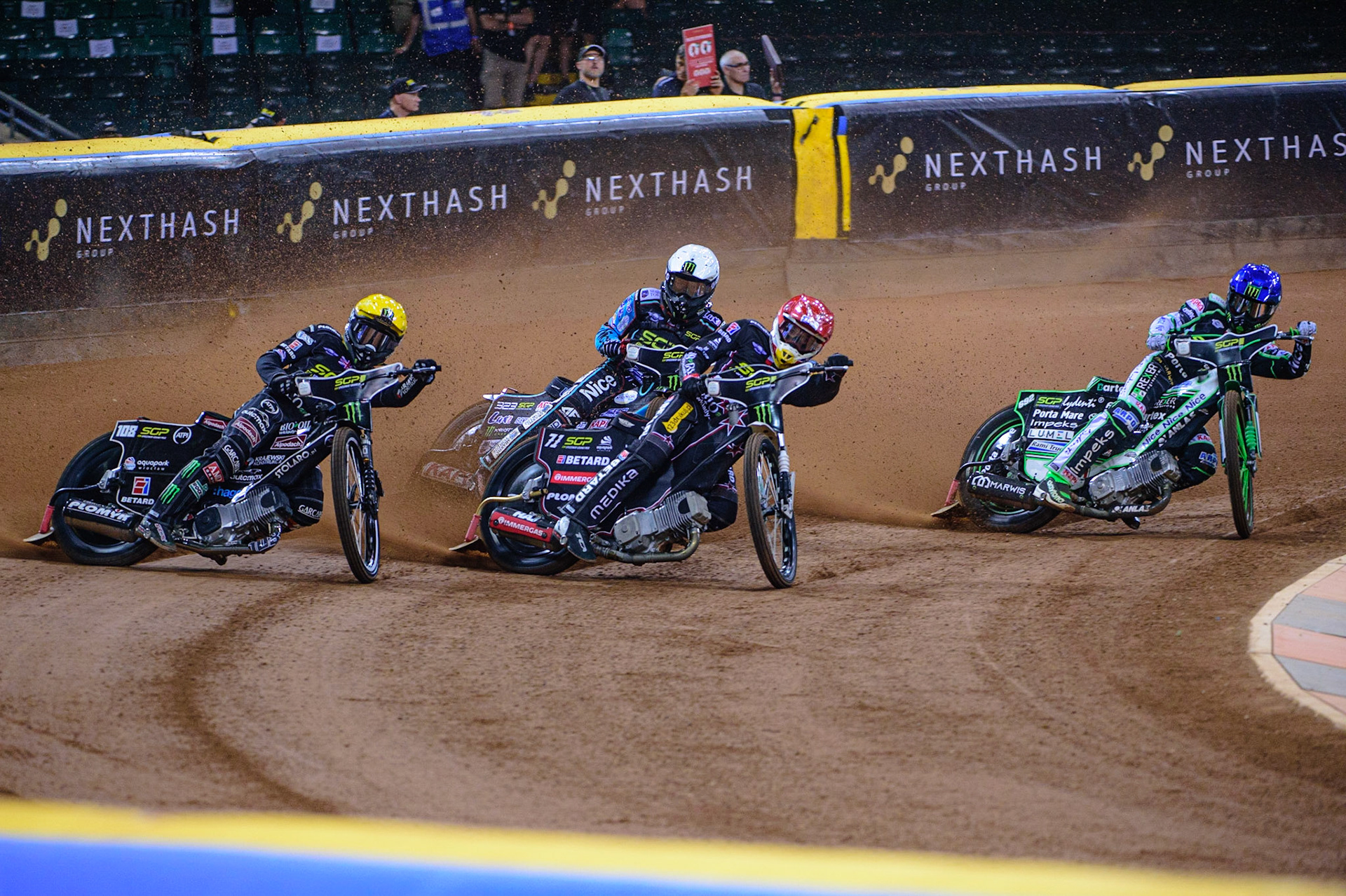 Maciej Janowski (71) (Red), Patryk Dudek (692) (Blue) Tai Woffinden (108) (Yellow) and Paweł Przedpelski (323) in the opening heat during the FIM  Speedway Grand Prix of Great Britain at the Principality Stadium, Cardiff on Saturday 13th August 2022. (Credit: Ian Charles | MI News
