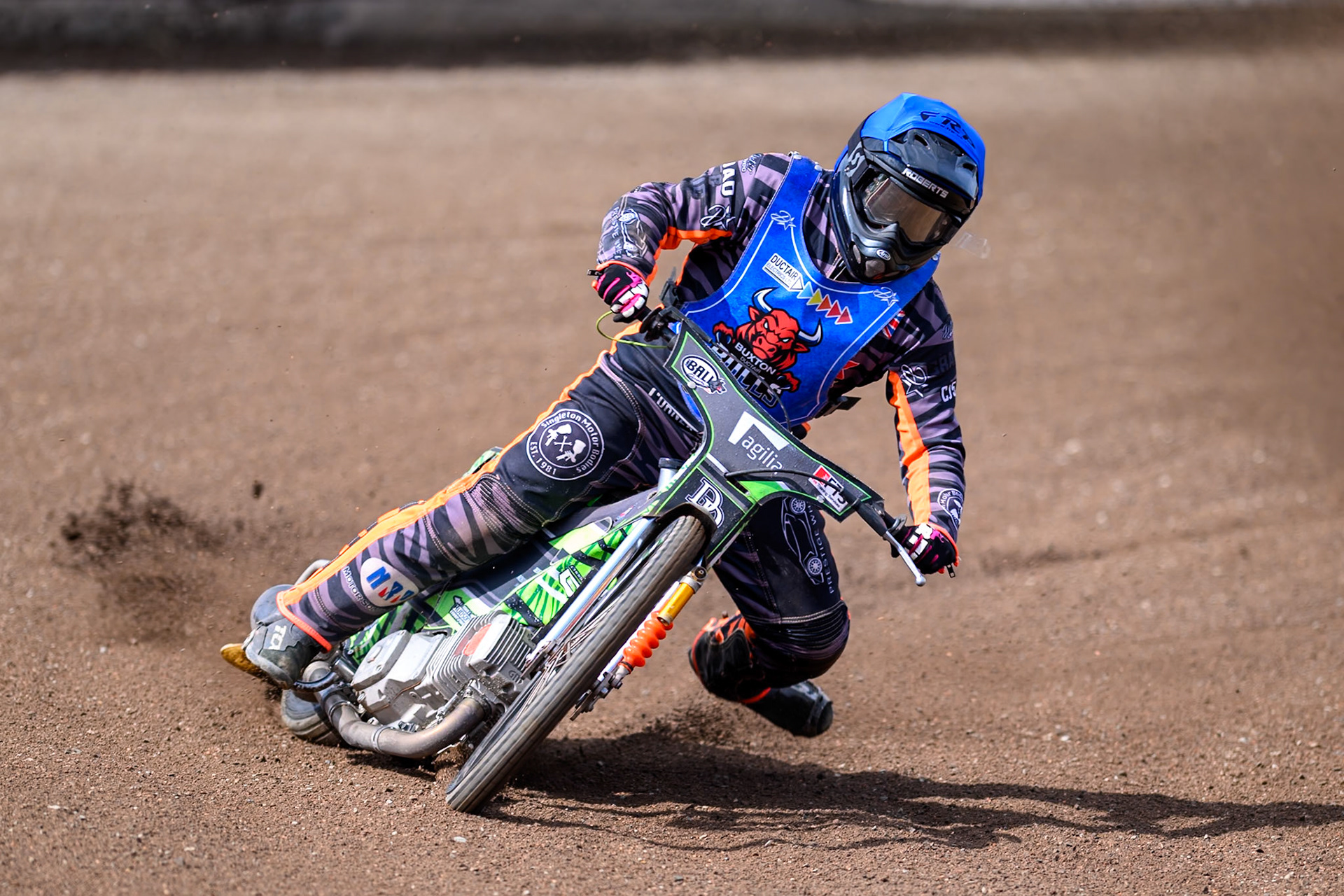 Jack Roberts of Buxton Bulls gets out of shape on the third and fourth turns during the WSRA National Development League match between Buxton Bulls and King's Lynn Young Stars at Hi-Edge Speedway, Buxton on Sunday 9th August 2026. (Photo: Ian Charles | MI News)