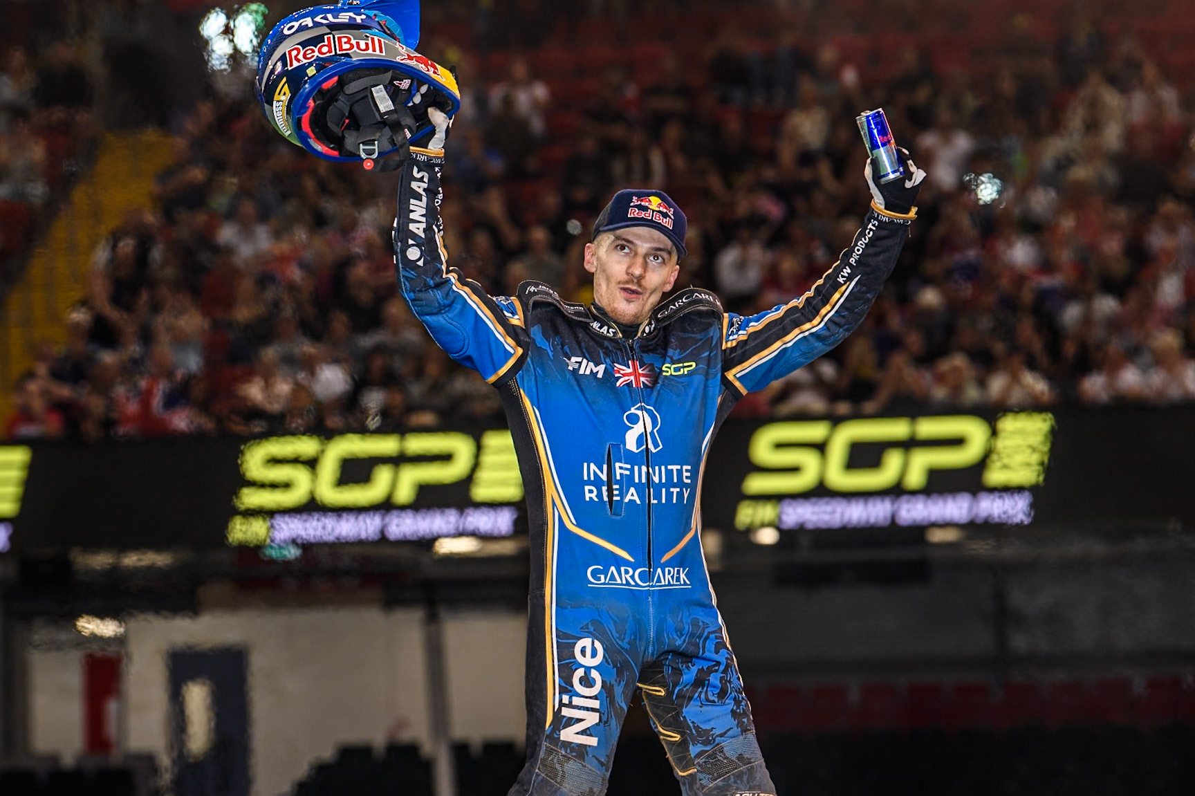 Robert Lambert (505) of Great Britain celebrates his second place during the FIM Speedway Grand Prix of Great Britain at The Principality Stadium, Cardiff on Saturday 17th August 2024. (Photo: Ian Charles | MI News)
