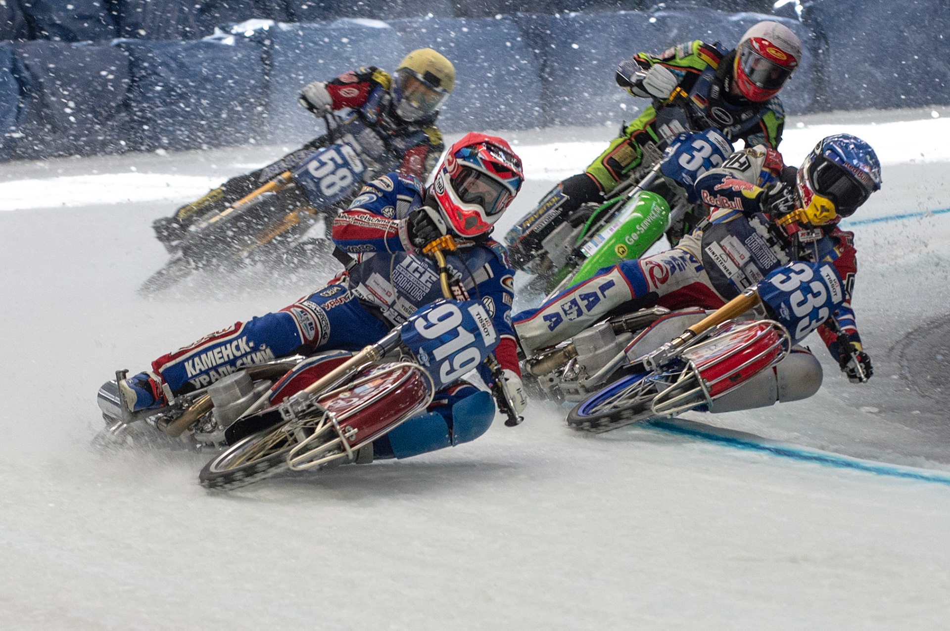 Photo: Ian Charles
 
Semi Final 2 with Dmitri Khomitsevich (919) leading Danil Ivanov (333) as Johann Weber (33) goes inside the blue line earning a disqualification, with Stefan Svensson (58) on his outside 

FIM Ice Speedway Gladiators World Championship, Event 4.2, Max-Aicher-Arena, Inzell, Germany, Sunday 17 March 2019