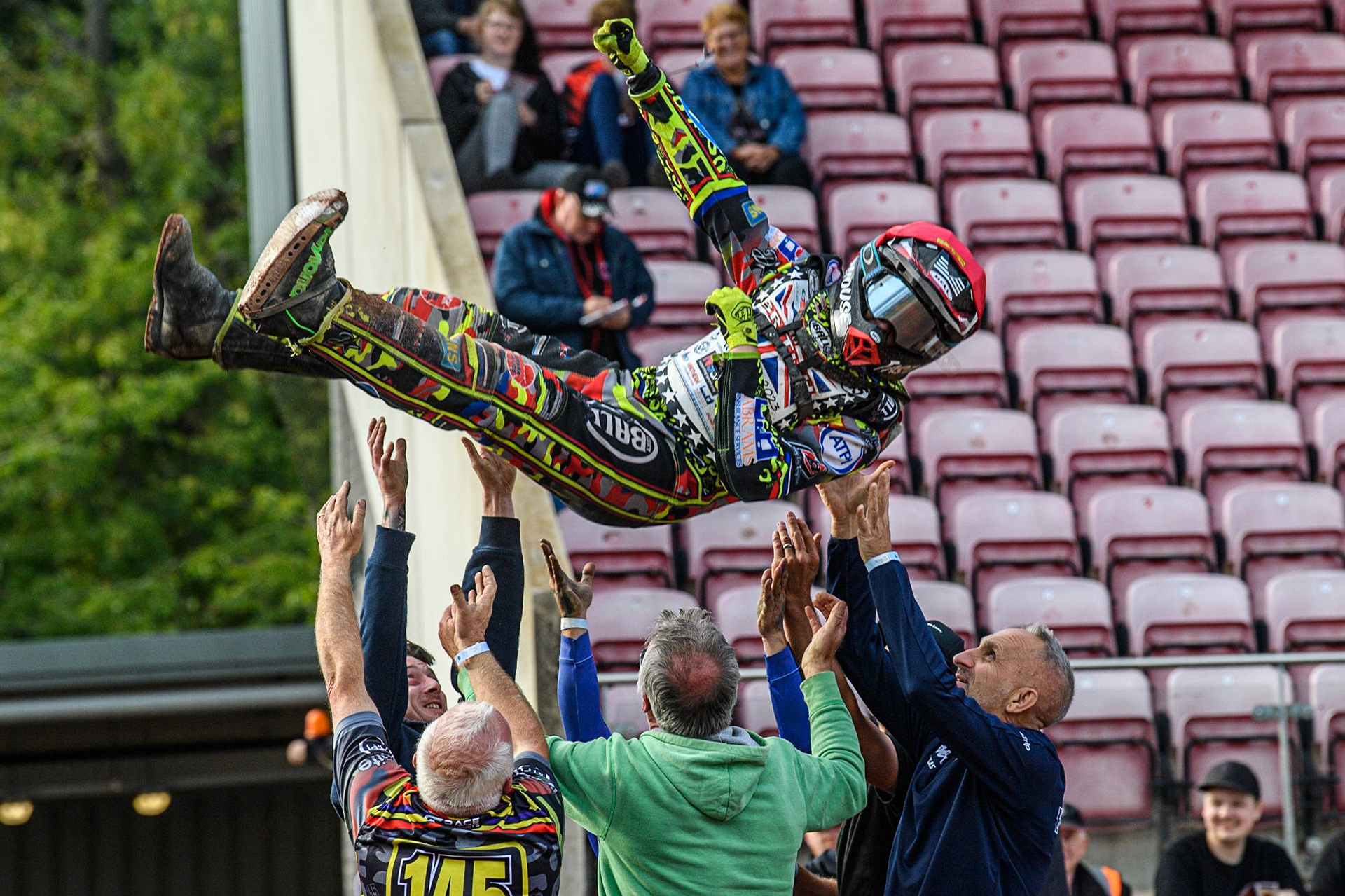 William Cairns gets the bumps as 250cc British Junior Champion during the British Youth Speedway Championships at the National Speedway Stadium, Manchester on Friday 21st July 2023. (Photo: Ian Charles | MI News)