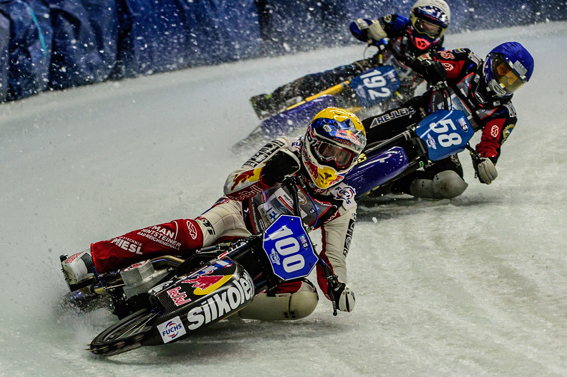 Franz Zorn (100) (Yellow) leads Stefan Svensson (58) (Blue) and Niclas Svensson (192) (White)  during the Ice Speedway Gladiators World Championship Final 1 at Max-Aicher-Arena, Inzell, Germany on Saturday 18th March 2023. (Photo: Ian Charles | MI News)