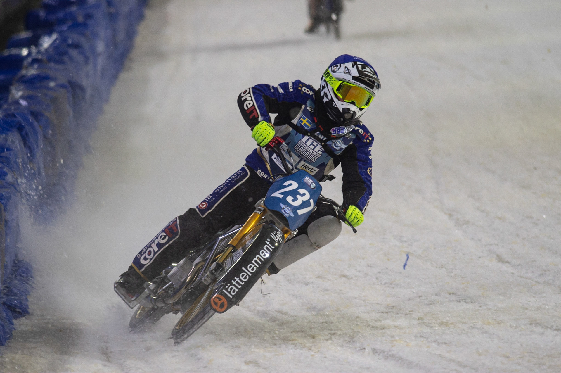 HEERENVEEN, NL. Jimmy Hörrnell (237)  in action during the FIM Ice Speedway Gladiators World Championship Final 3 at Ice Rink Thialf, Heerenveen on Saturday  2 April 2022. (Credit: Ian Charles | MI News)