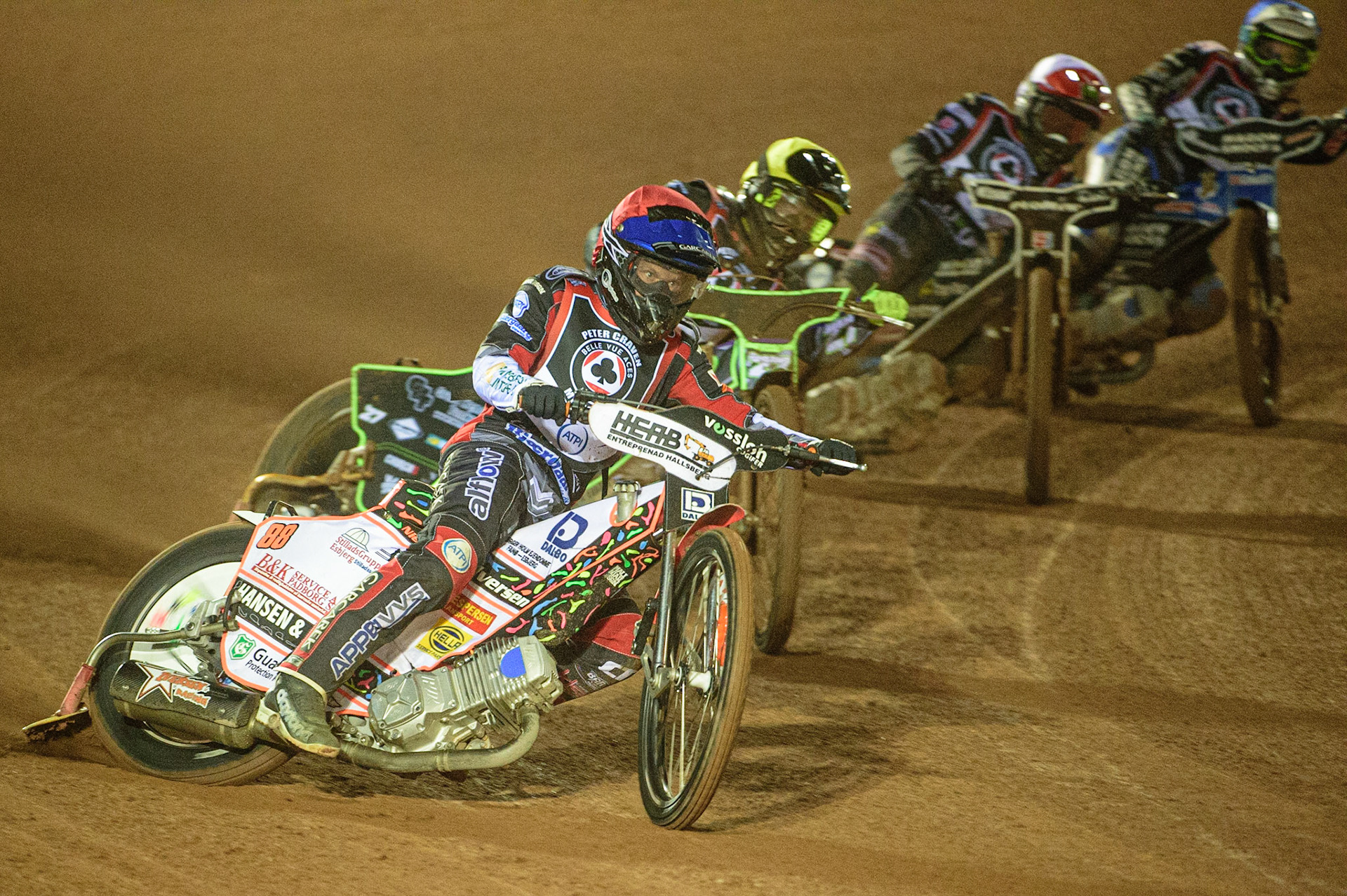 MANCHESTER, UK. MAR 21ST. Nicolai Klindt (Red) leads Tom Brennan (Yellow), Tai Woffinden (White) and Jason Doyle (Blue) during the ATPI Peter Craven Memorial Trophy at the National Speedway Stadium, Manchester on Monday 21st March 2022. (Credit: Ian Charles | MI News)