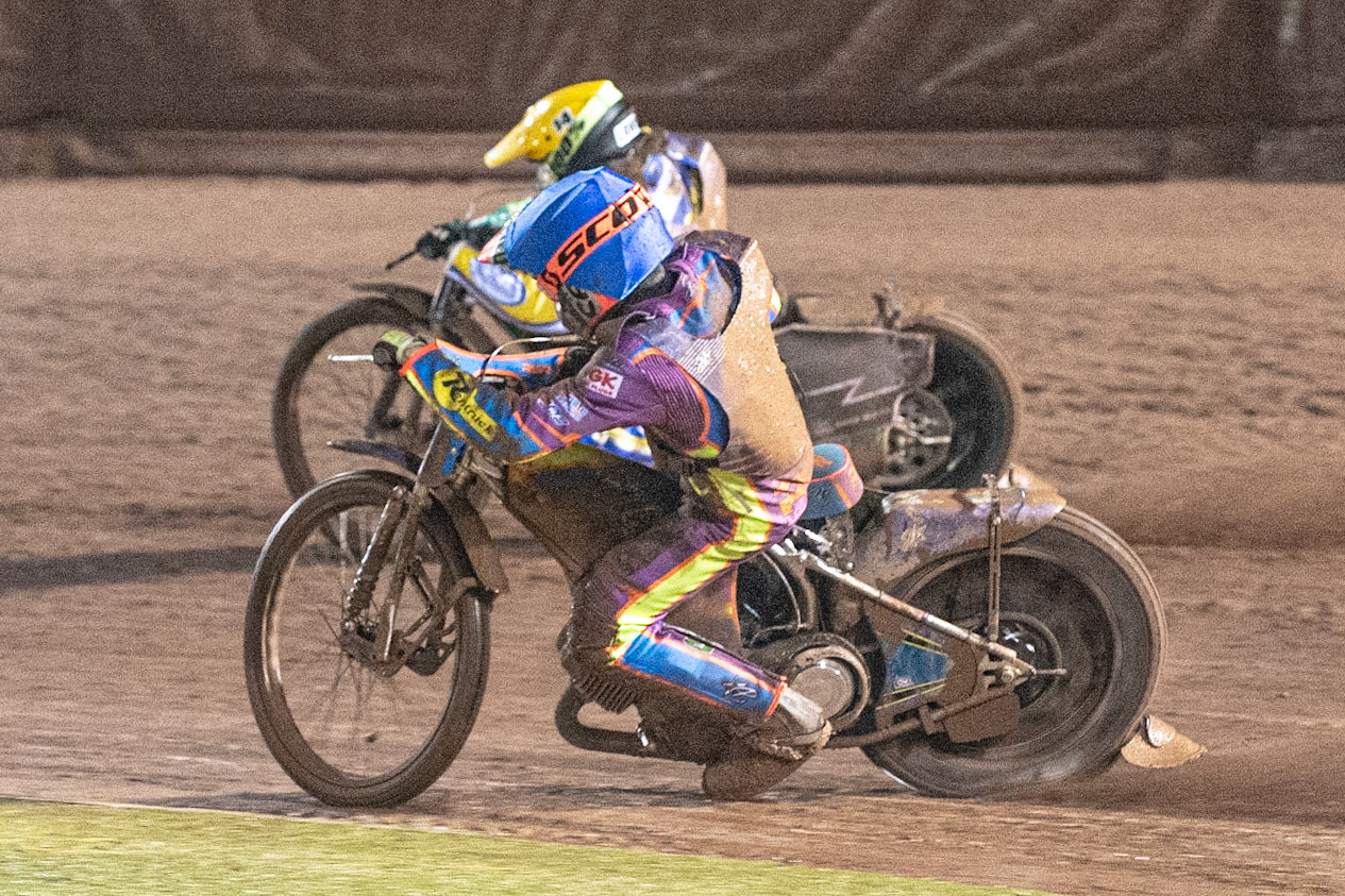 Photo: Ian CharlesRory Schlein  (Blue)  chases  Richard Lawson   (Yellow) Sports Insure British Speedway Championship Final, National Speedway Stadium, Manchester Monday  28  September  2020