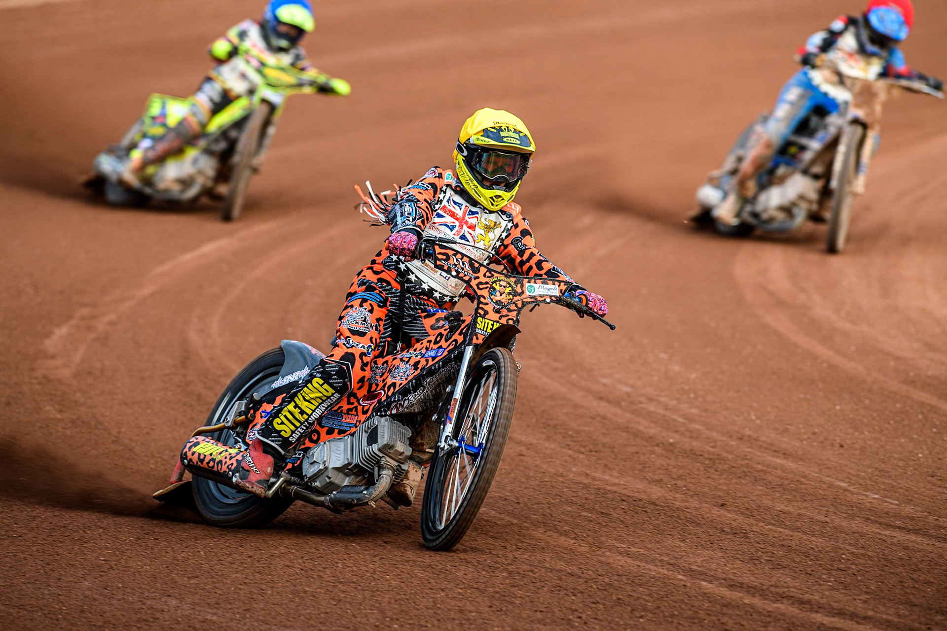 Cooper Rushen (250cc) in Yellow leading Archie Rolph (250cc) in Blue and Ollie Binns (250cc) in Red during the British Youth 250cc Championships at the National Speedway Stadium, Manchester on Friday 30th August 2024. (Photo: Ian Charles | MI News)