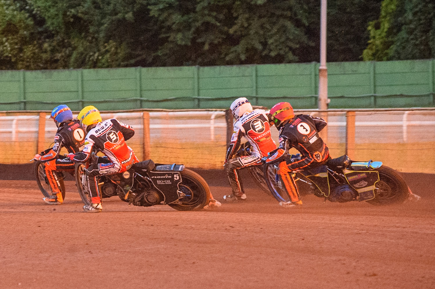 WOLVERHAMPTON, UK. JULY 26TH  Sam Masters  (Blue) leads Dan Bewley  (White), Steve Worrall  (Yellow) and Nick Morris  (Red)during the SGB Premiership match between Wolverhampton Wolves and Belle Vue Aces at the Ladbroke Stadium, Wolverhampton on Monday 26th July 2021. (Credit: Ian Charles | MI News)