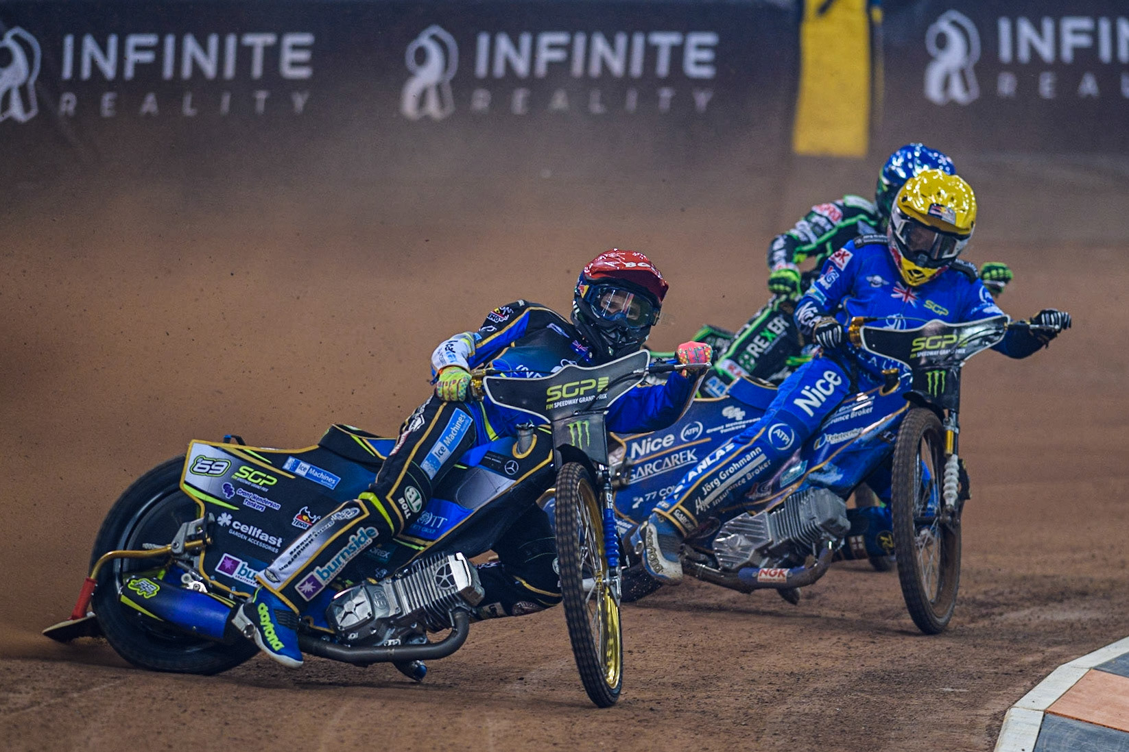 Jason Doyle (69) (Red) leads  Robert Lambert (505) (Yellow) during the FIM Speedway Grand Prix of Great Britain at the Principality Stadium, Cardiff on Saturday 2nd September 2023. (Photo: Ian Charles | MI News)