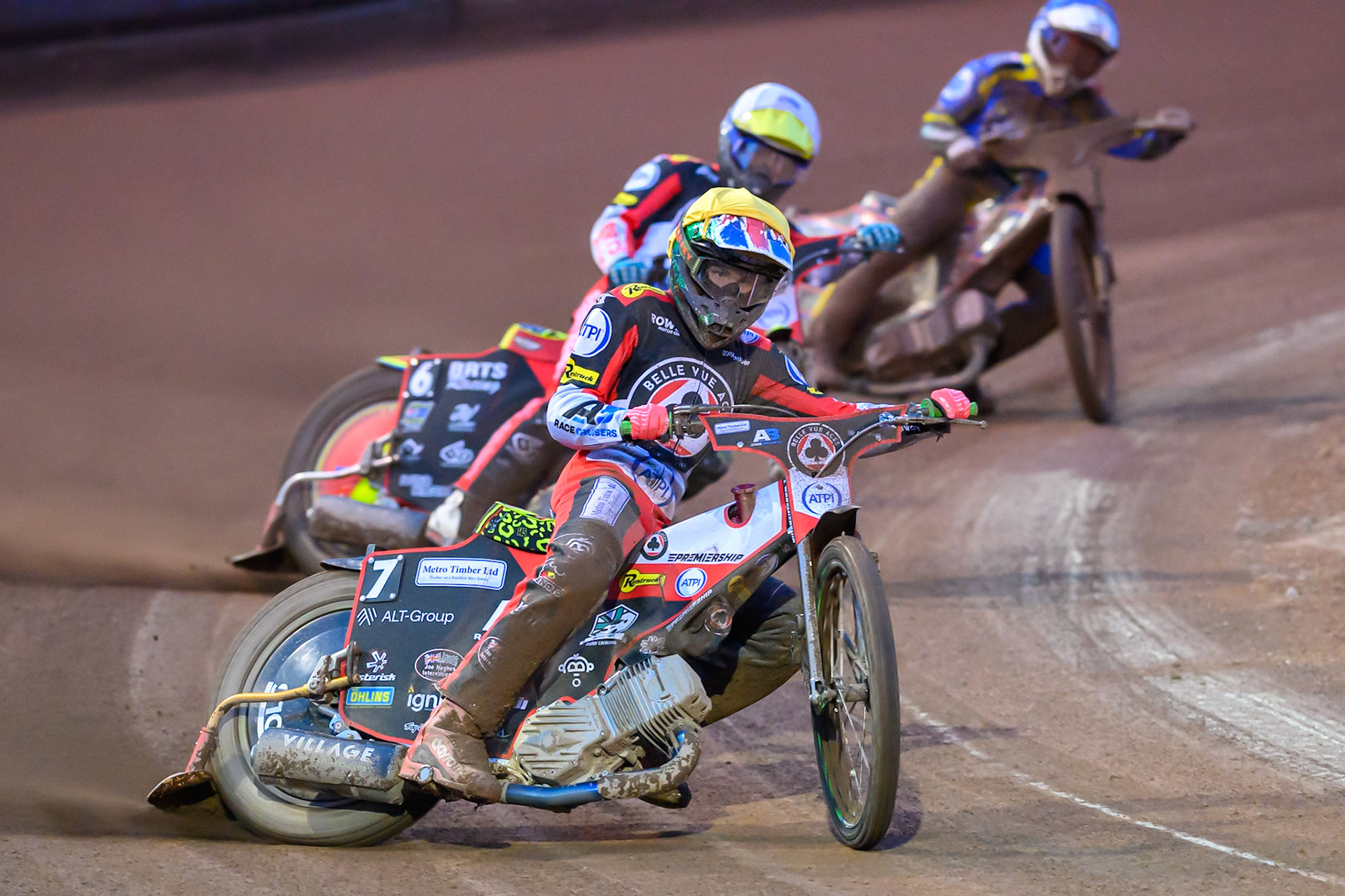 William Cairns of Belle Vue Aces in Yellow leading Tate Zischke of Belle Vue Aces  in White and Luke Killeen of Sheffield Tigers   in Blue during the Knockout Cup Northern Section match between Sheffield Tigers and Belle Vue Aces at Owlerton Stadium, Sheffield on Thursday 2nd April 2026. (Photo: Ian Charles | MI News)