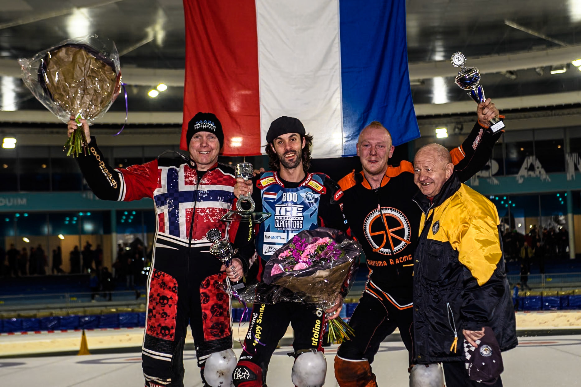 Top 3: (L to R) Jo Saetre of Norway (3rd), Jasper Iwema of The Netherlands (Winner), Sebastian Reitsma of The Netherlands (2nd) with meeting sponsor Roelof Thijs during the Roelof Thijs Bokaal at Ice Rink Thialf, Heerenveen, The Netherlands on Friday 5th April 2024. (Photo: Ian Charles | MI News)