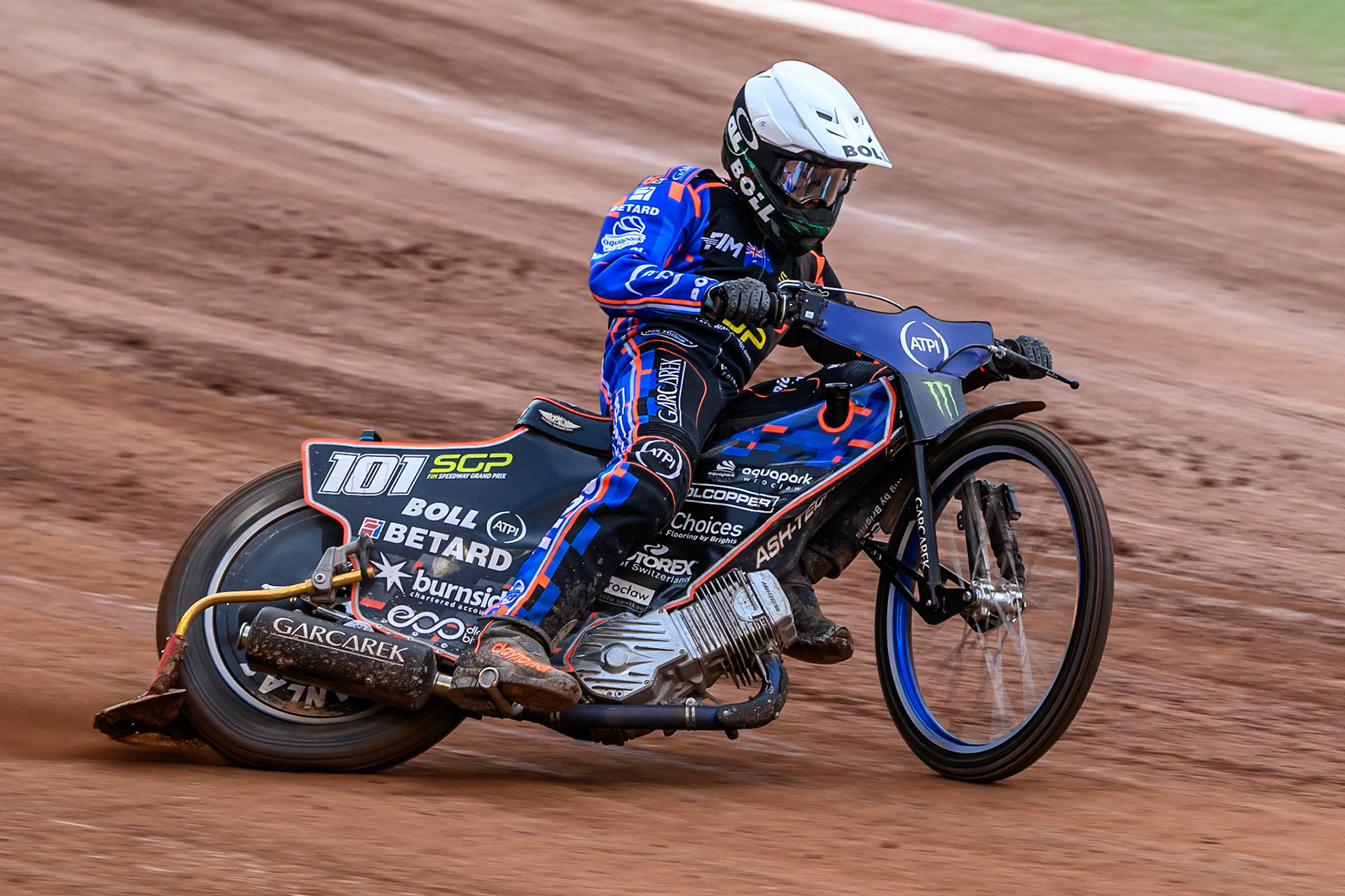 Brady Kurtz (101) of Australia in action during the ATPI FIM Speedway Grand Prix Round 4 at the National Speedway Stadium, Manchester, on Friday 13th June 2025. (Photo: Ian Charles | MI News)