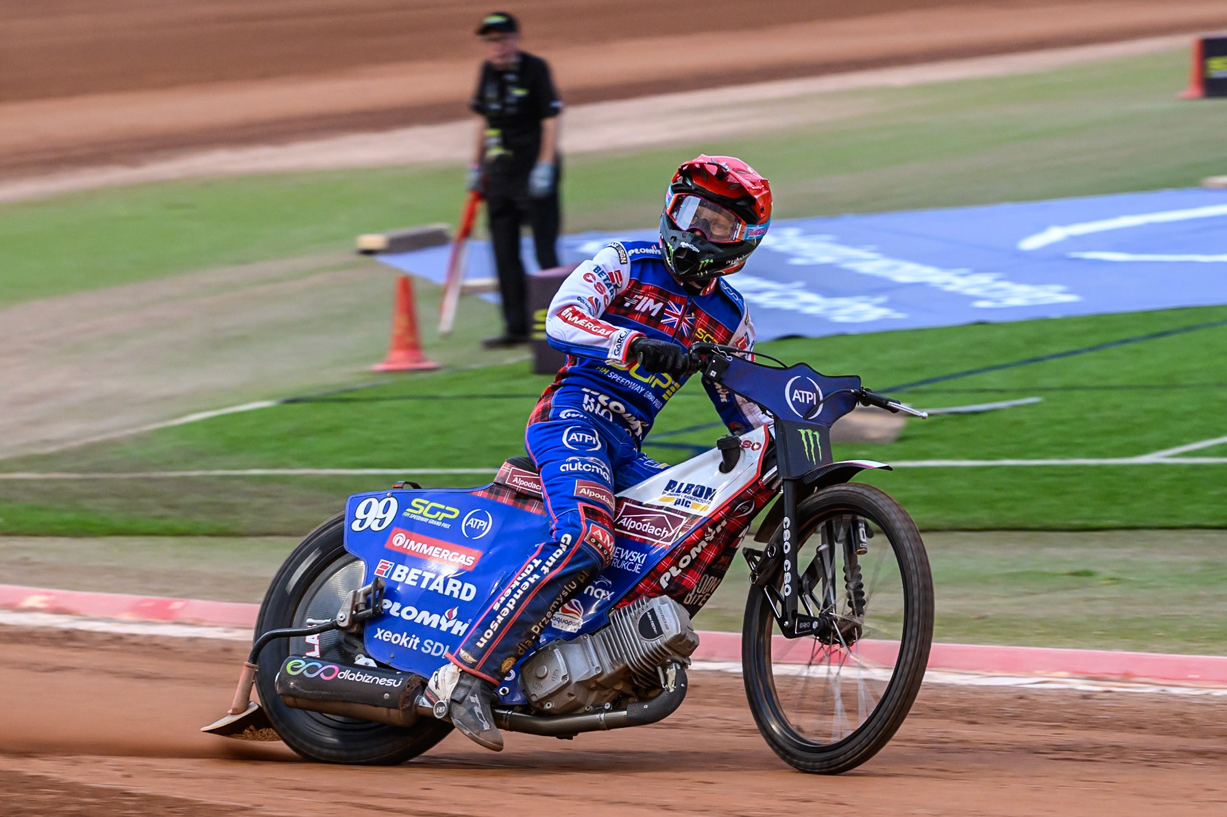 Dan Bewley (99) of Great Britain celebrates early as he wins the 2nd Last Chance Qualifier during the ATPI FIM Speedway Grand Prix Round 4 at the National Speedway Stadium, Manchester, on Friday 13th June 2025. (Photo: Ian Charles | MI News)