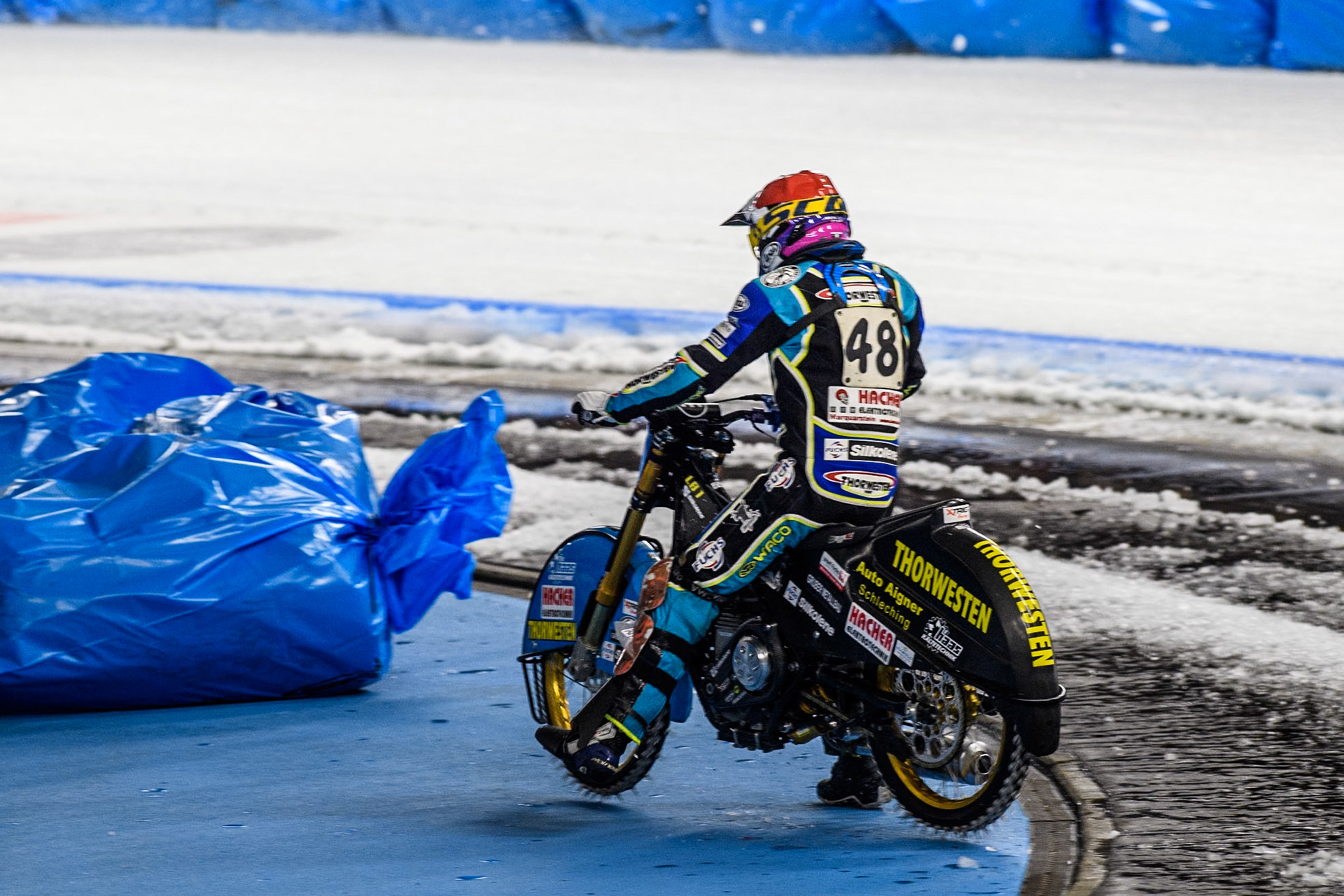 Luca Bauer (48) of Germany spins and leaves the track during the Ice Speedway Gladiators World Championship Final 1 at Max-Aicher-Arena, Inzell on Saturday 15th March 2025. (Photo: Ian Charles | MI News)