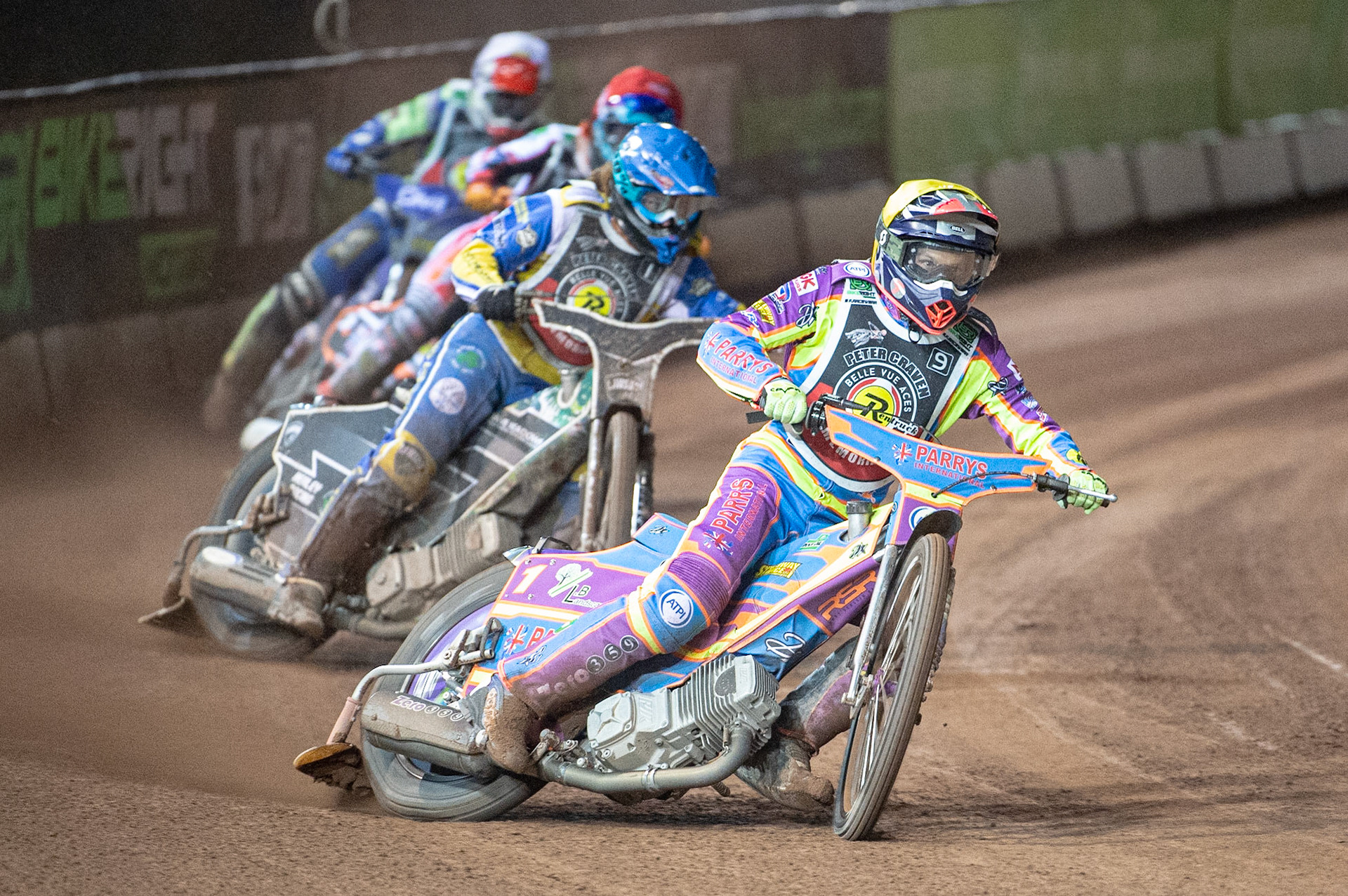 Photo: Ian CharlesRory Schlein (Yellow) leads Richard Lawson (Blue) Jordan Palin (Red) and Richie Worrall (White)Peter Craven Memorial Trophy, National Speedway Stadium, Manchester Thursday  22  October  2020