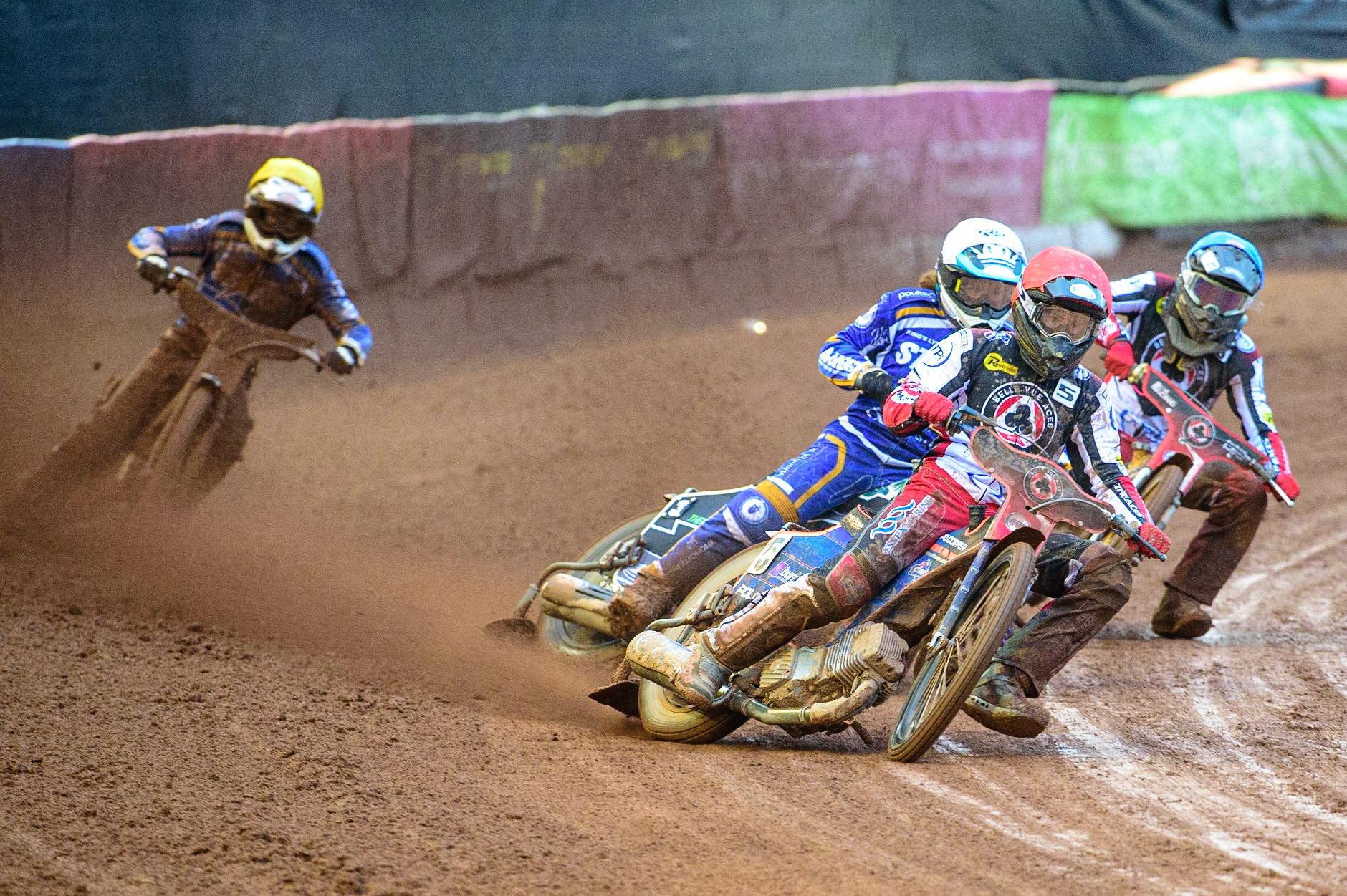 MANCHESTER, UK. MAY 16TH Brady Kurtz  (Red) leads Richard Lawson  (White) Norick Blödorn  (Blue) and Lewis Kerr (Yellow) during the SGB Premiership match between Belle Vue Aces and King's Lynn Stars at the National Speedway Stadium, Manchester on Monday 16th May 2022. (Credit: Ian Charles | MI News)