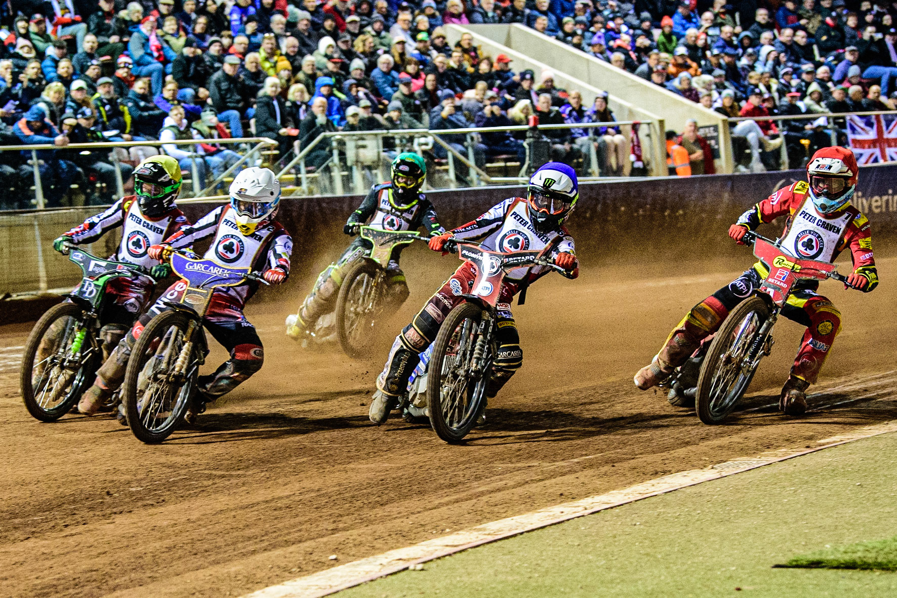 THE FIVE RIDER SEMI FINAL: Robert Lambert  (White), Charles Wright  (Yellow), Dan Bewley  (Blue), Max Fricke  (Red) and Tom Brennan  (Green)  during the Peter Craven Memorial Trophy  at the National Speedway Stadium, Manchester on Monday 3rd April 2023. (Photo: Ian Charles | MI News)
