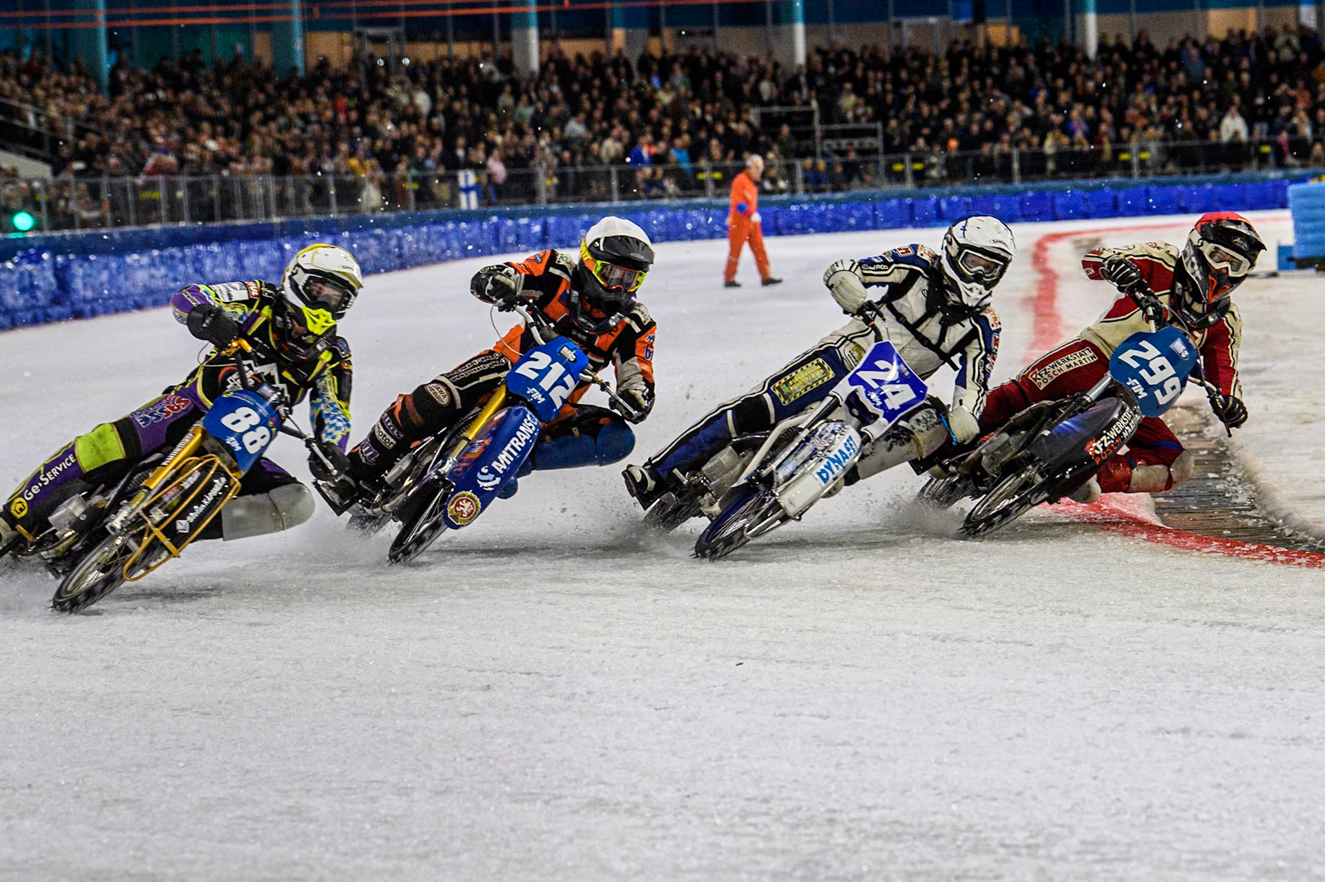 (L to R) Max Niedermaier  (88) of Germany in Yellow, Lukas Hutla (212) of the Czech Republic in White, \Max Koivula (24) of Finland in Blue and Martin Posch (299) of Austria in Red hit the first turn together during the FIM Ice Speedway Gladiators World Championship, Final 3 at the Ice Stadium, Thialf, Heerenveen on Saturday 5th April 2025. (Photo: Ian Charles | MI News)