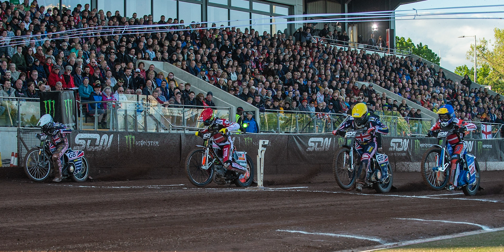 Photo: Ian Charles

Denmark v Great Britain: (l-r) Tai Woffinden (White), Niels-Kristian Iversen (Red) Craig Cook (Yellow) and Leon Madsen (Blue) leave the start in heat 6

Monster Energy FIM Speedway Of Nations, Race Off 2, Belle Vue National Speedway Stadium, Manchester 7 May  2019